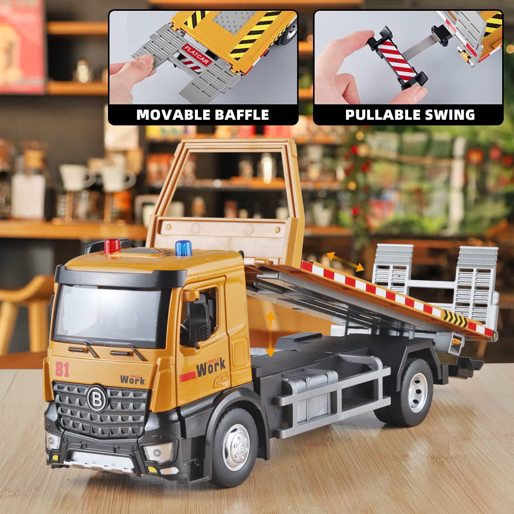 OANMYJJO Tow Truck Toys for Boys – Metal Diecast with Lights, Sounds, Liftable Flatbed & Extendable Trailer