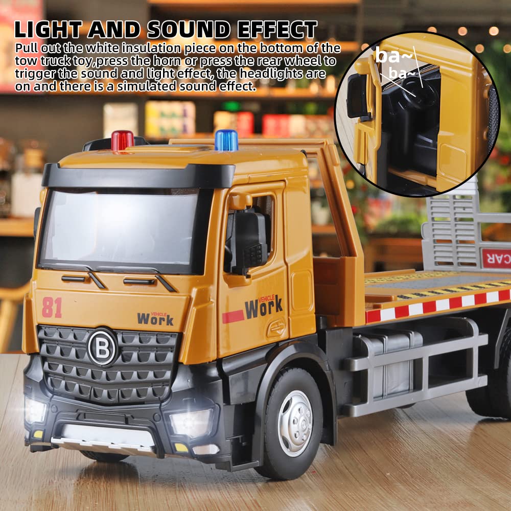 OANMYJJO Tow Truck Toys for Boys – Metal Diecast with Lights, Sounds, Liftable Flatbed & Extendable Trailer