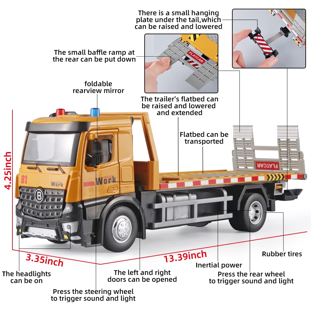 OANMYJJO Tow Truck Toys for Boys – Metal Diecast with Lights, Sounds, Liftable Flatbed & Extendable Trailer