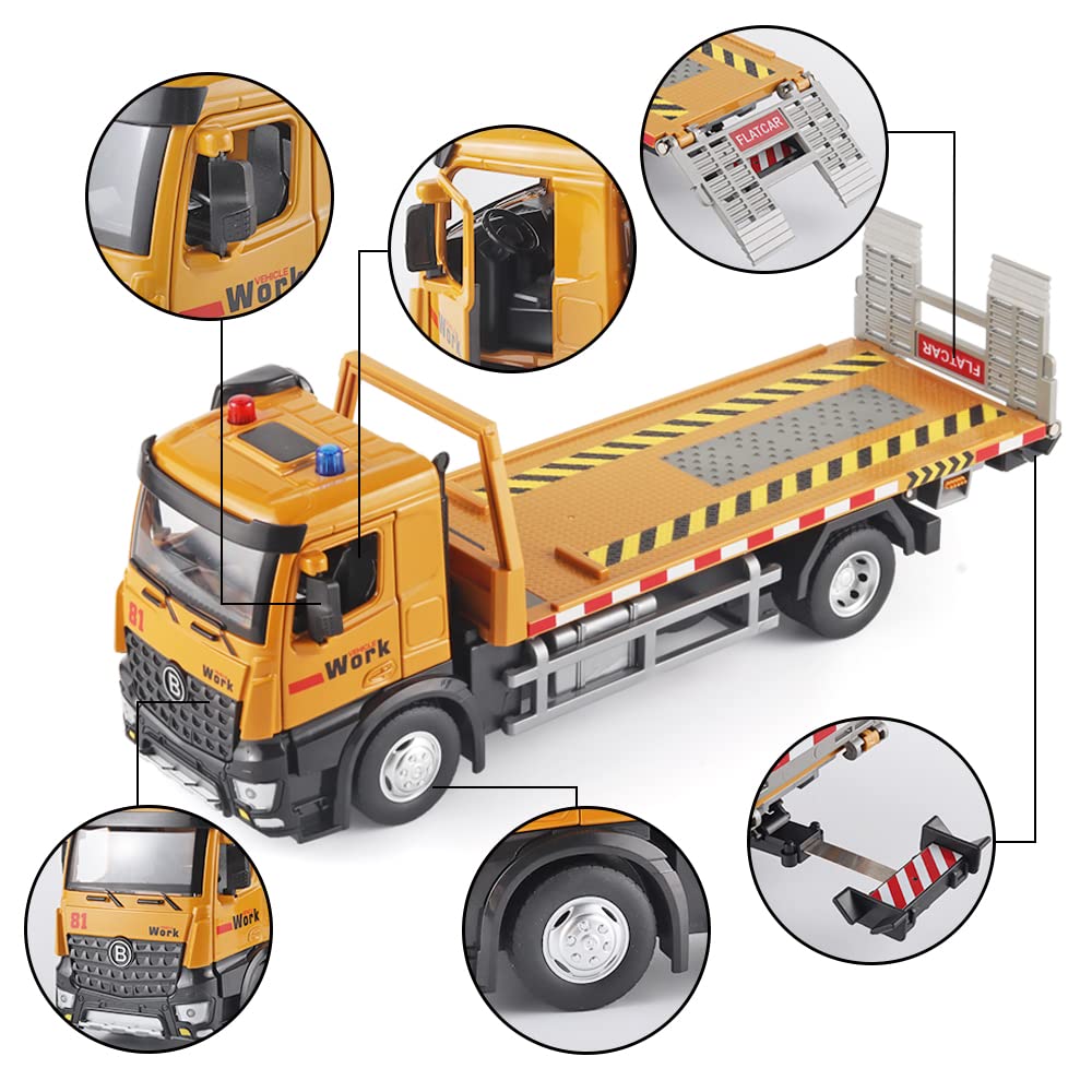 OANMYJJO Tow Truck Toys for Boys – Metal Diecast with Lights, Sounds, Liftable Flatbed & Extendable Trailer