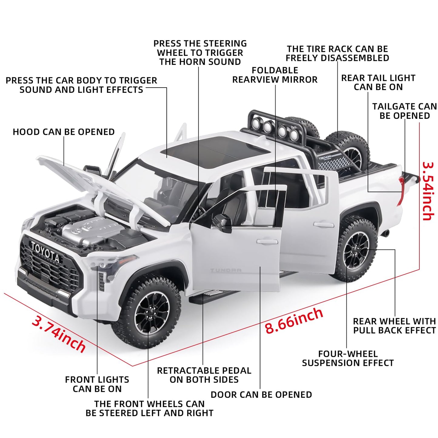 OANMYJJO White Tundra Diecast Toy Truck 1/24 – Light & Sound Pull-Back Model