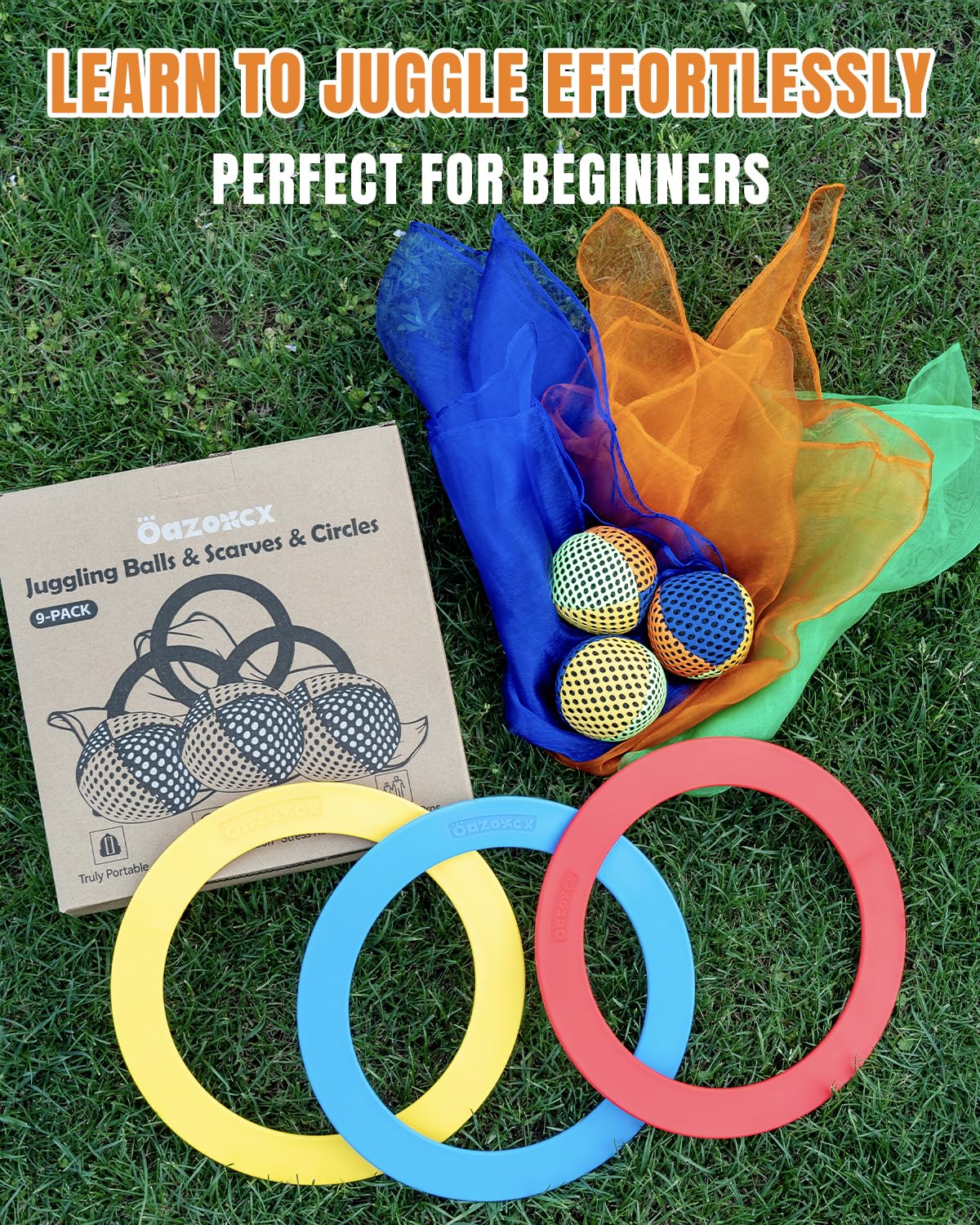 oazoxcx Juggling Starter Set — 3 Balls, 3 Scarves & 3 Rings for Beginners