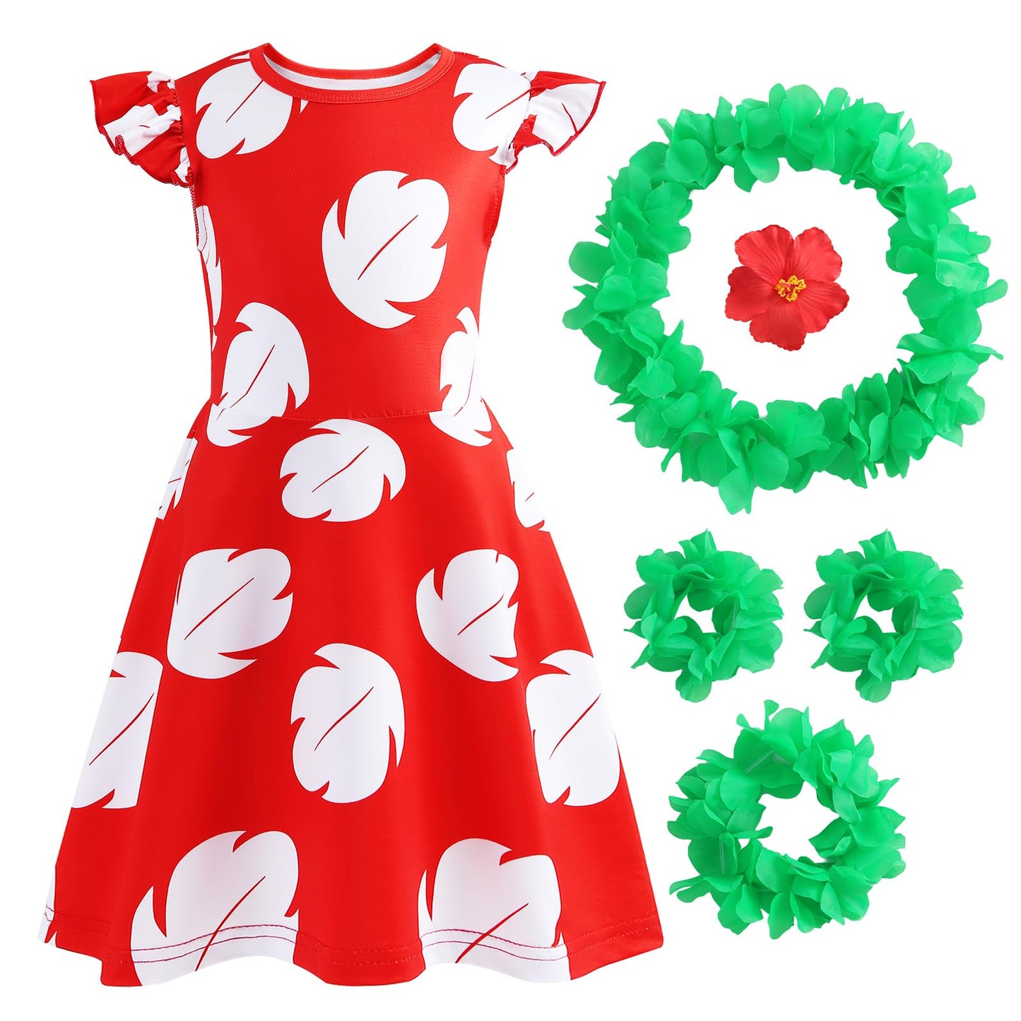 Obavioy Hawaiian Little Girls Costume Dress with Luau Lei Set – 4 Pcs, Hair Clip & Accessories (9-10 Years)