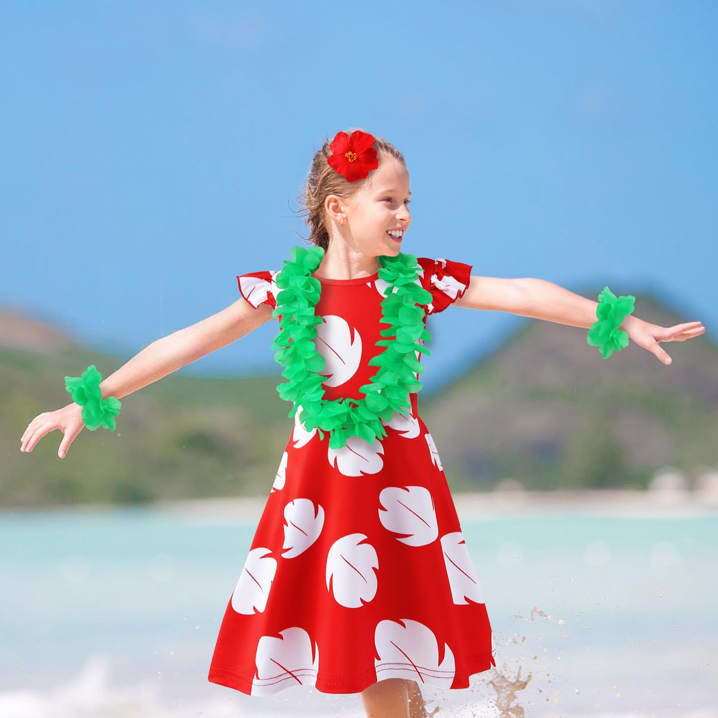 Obavioy Hawaiian Little Girls Costume Dress + Luau Accessories – 5-6 Years