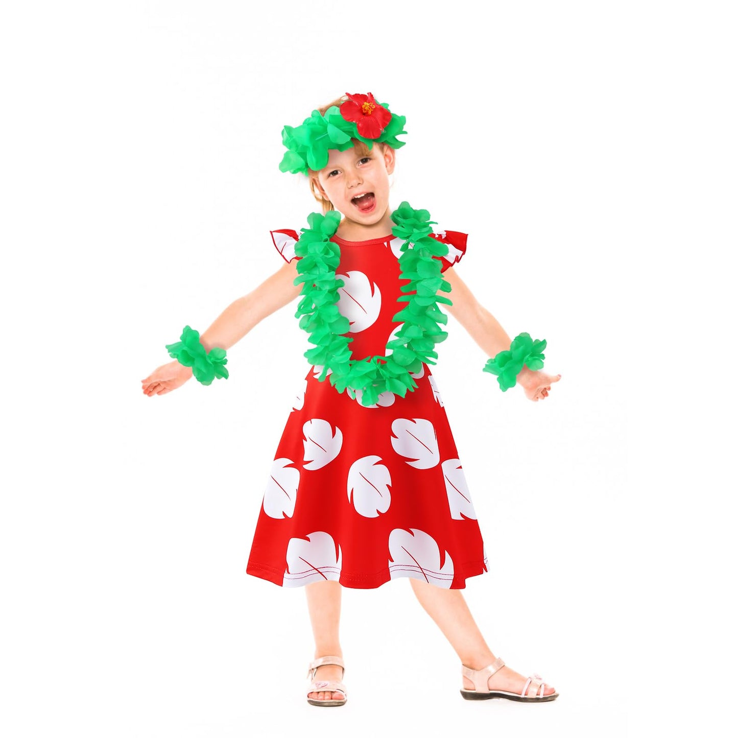 Obavioy Hawaiian Little Girls Costume Dress + Luau Accessories – 5-6 Years