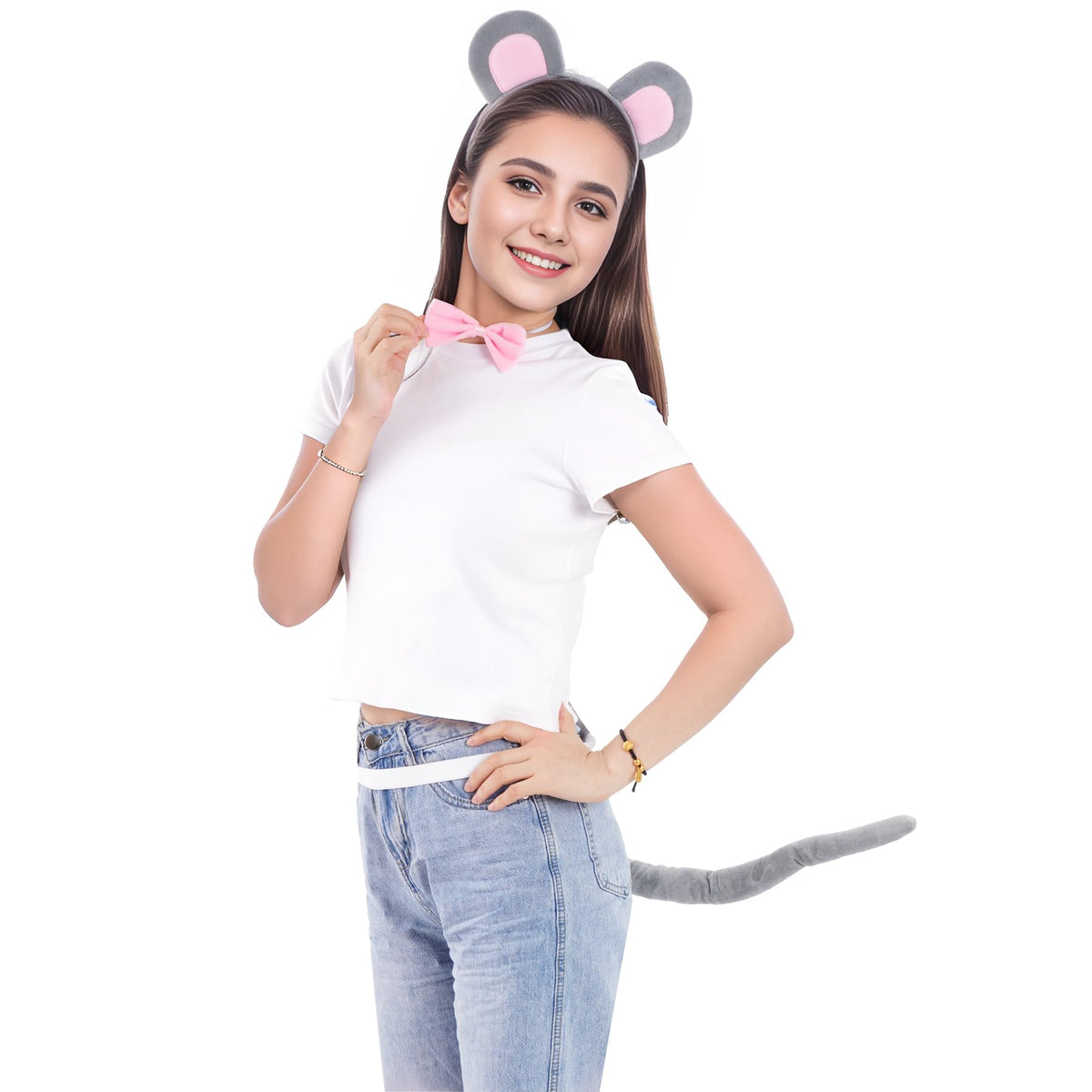 obmwang 3 Pieces Mouse Costume Set – Ears Headband, Bow Tie & Tail for Halloween Dress Up