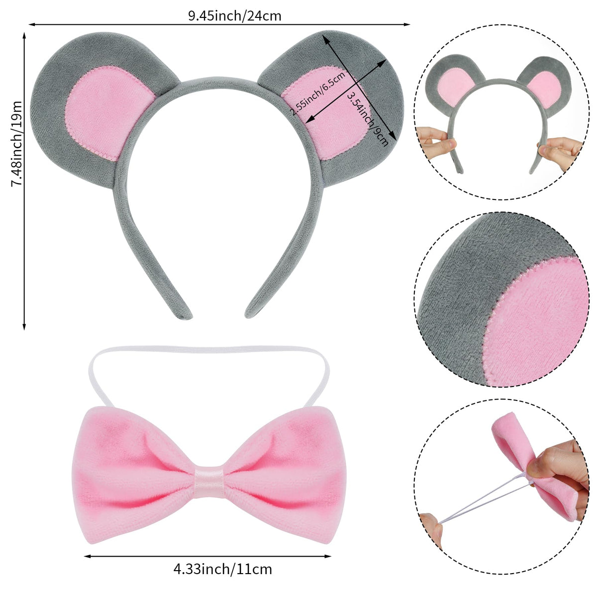 obmwang 3 Pieces Mouse Costume Set – Ears Headband, Bow Tie & Tail for Halloween Dress Up