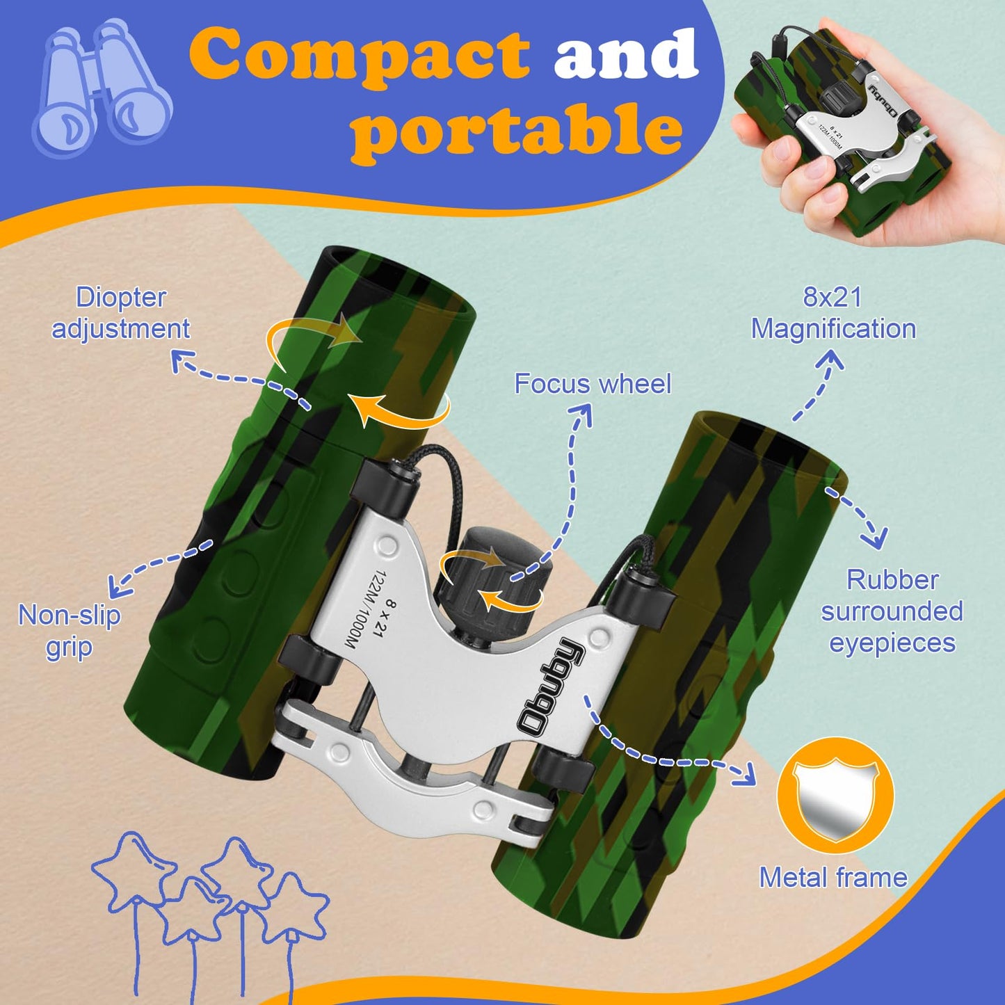 OBUBY Real Binoculars for Kids 8x21 – Compact, Shockproof Folding Binoculars for Ages 3–12
