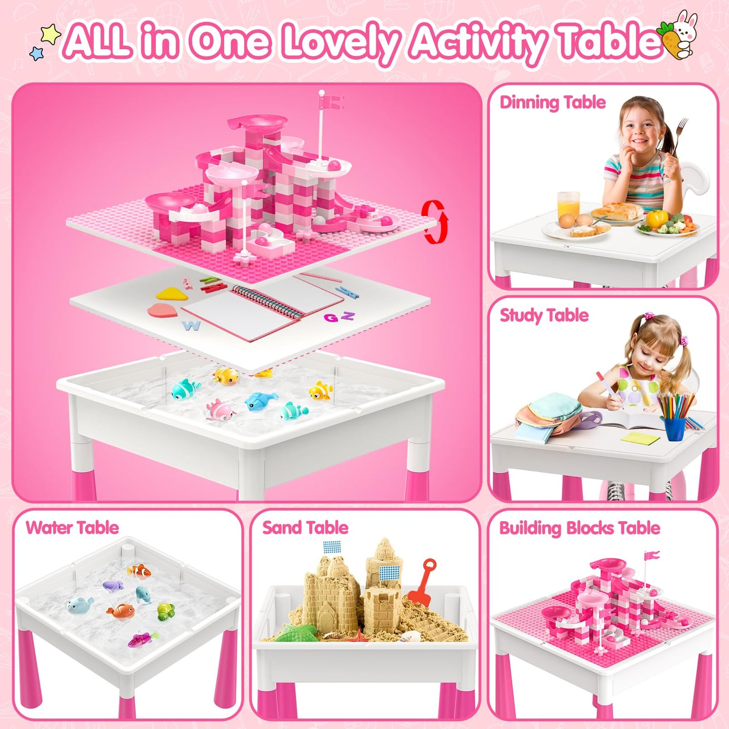 OCATO Kids Table and Chair Set – Water & Sand Table with 152 Blocks, 2 Rabbit Chairs, and Storage Bins