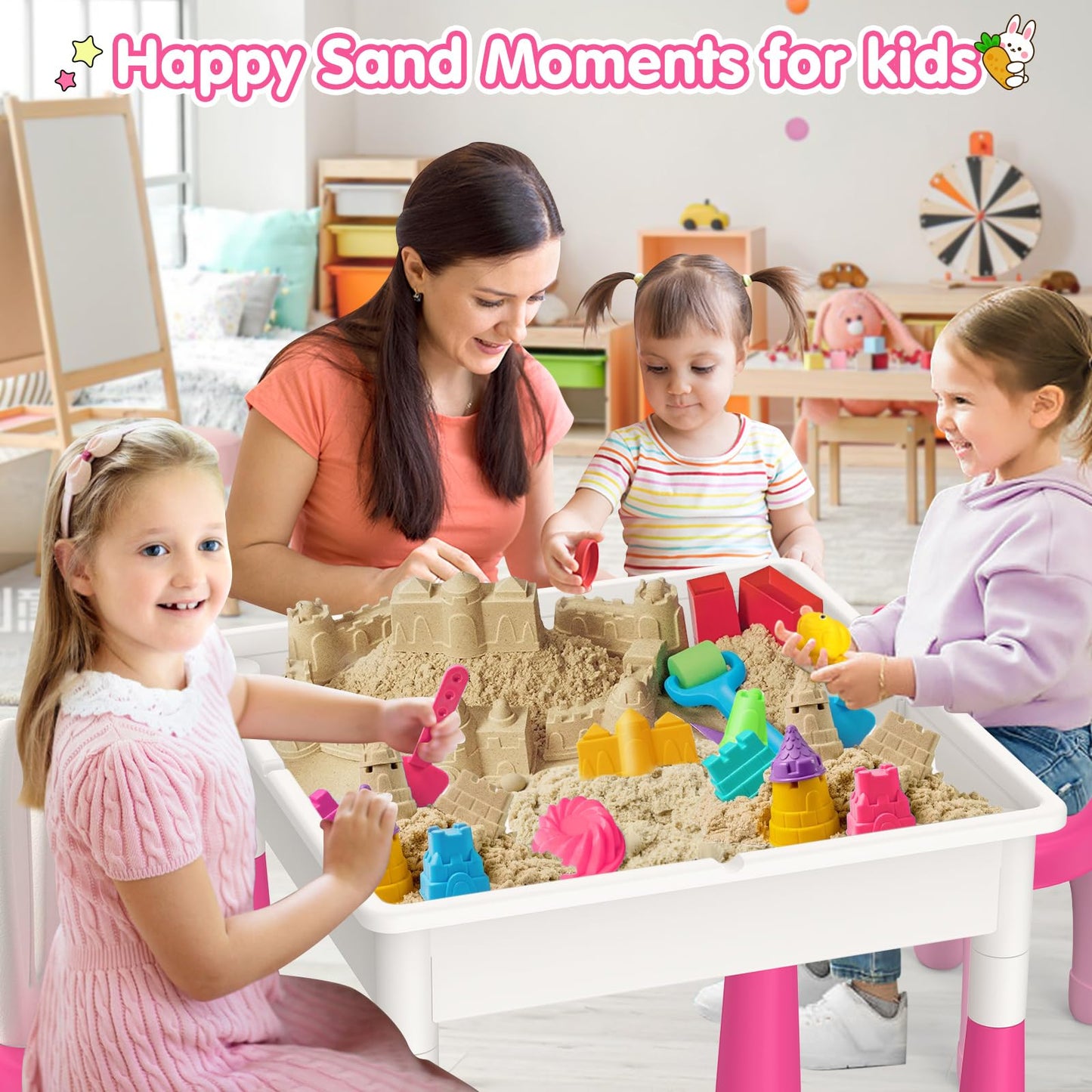 OCATO Kids Table and Chair Set – Water & Sand Table with 152 Blocks, 2 Rabbit Chairs, and Storage Bins
