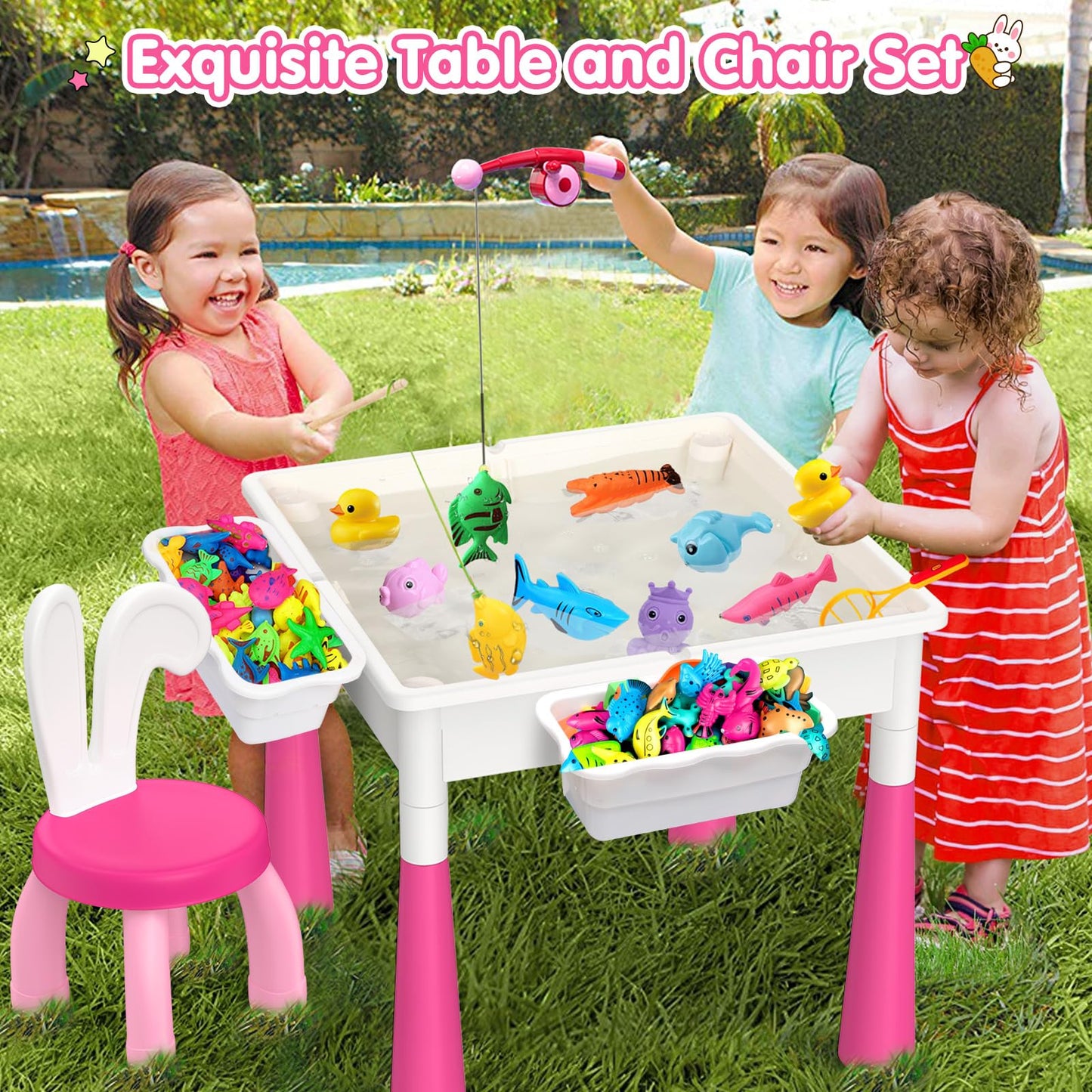 OCATO Kids Table and Chair Set – Water & Sand Table with 152 Blocks, 2 Rabbit Chairs, and Storage Bins