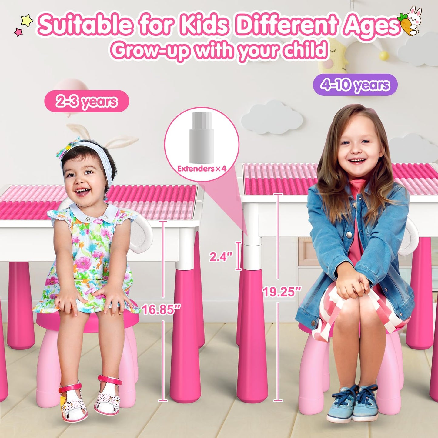 OCATO Kids Table and Chair Set – Water & Sand Table with 152 Blocks, 2 Rabbit Chairs, and Storage Bins