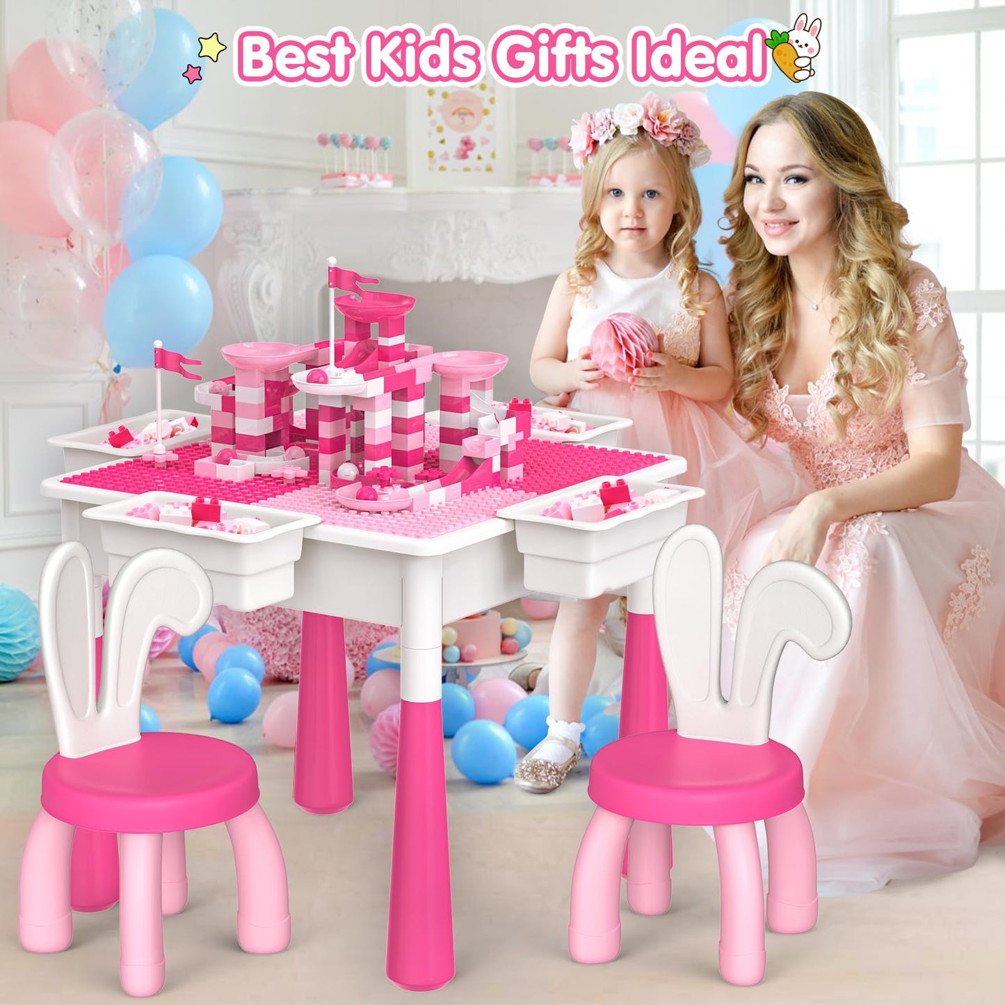 OCATO Kids Table and Chair Set – Water & Sand Table with 152 Blocks, 2 Rabbit Chairs, and Storage Bins