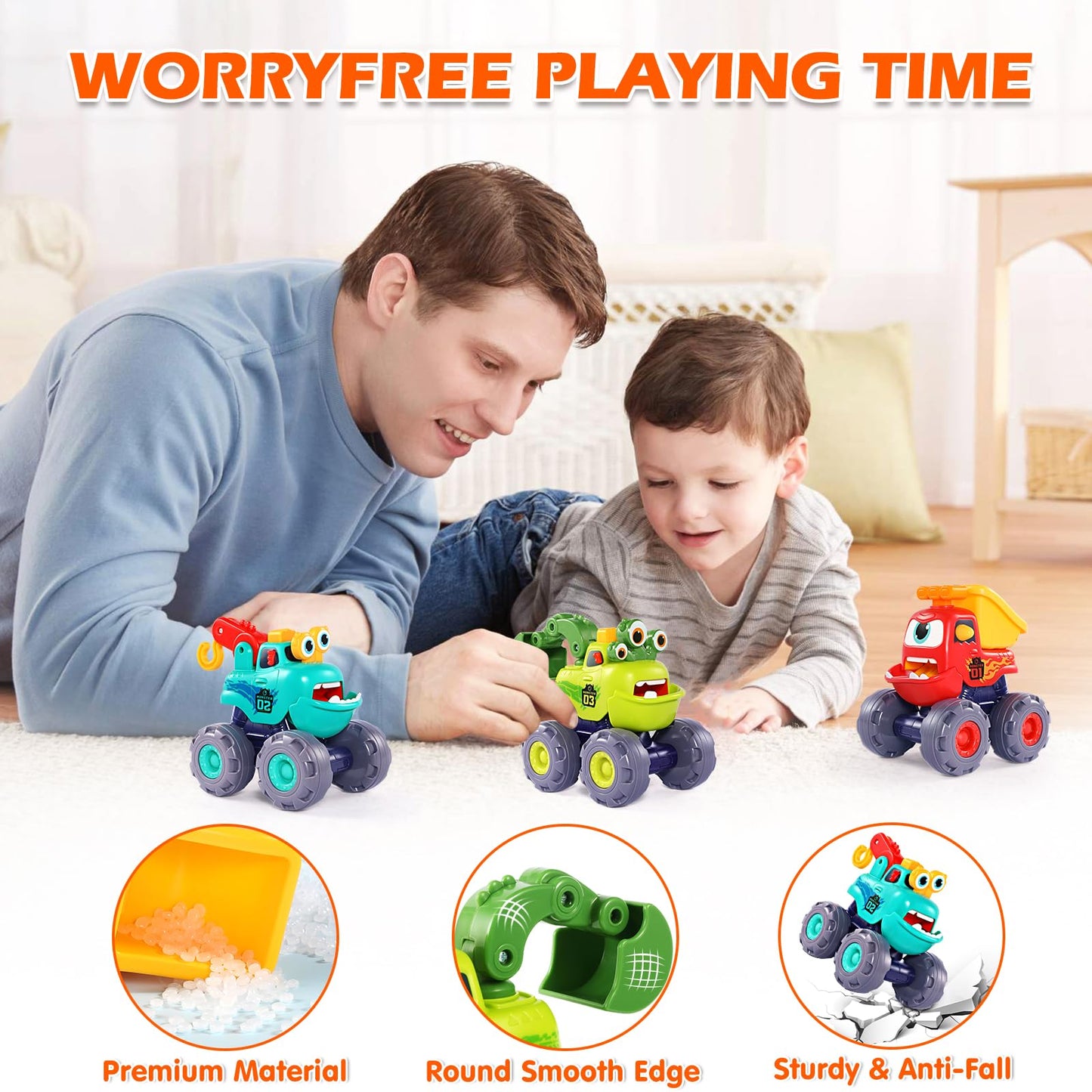 OCATO Monster Truck Toys for Toddlers 1-3 | Pull-Back Cars, Excavator, Dump Truck & Crane