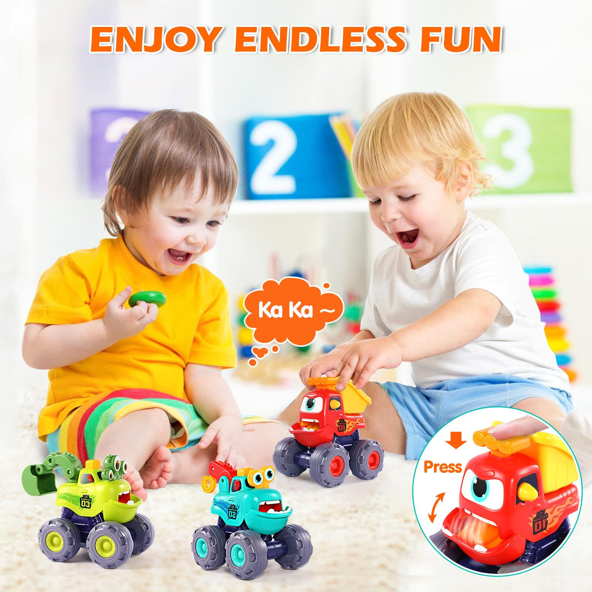 OCATO Monster Truck Toys for Toddlers 1-3 | Pull-Back Cars, Excavator, Dump Truck & Crane