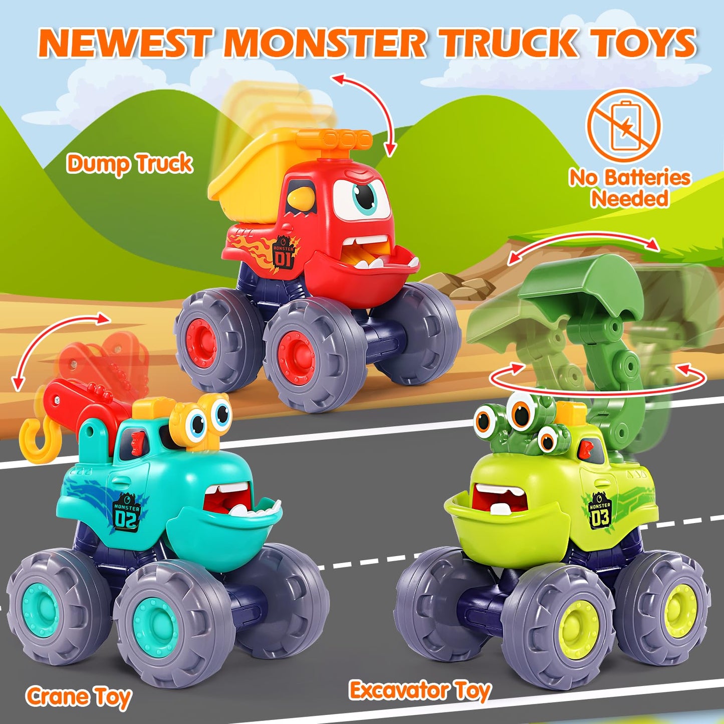 OCATO Monster Truck Toys for Toddlers 1-3 | Pull-Back Cars, Excavator, Dump Truck & Crane