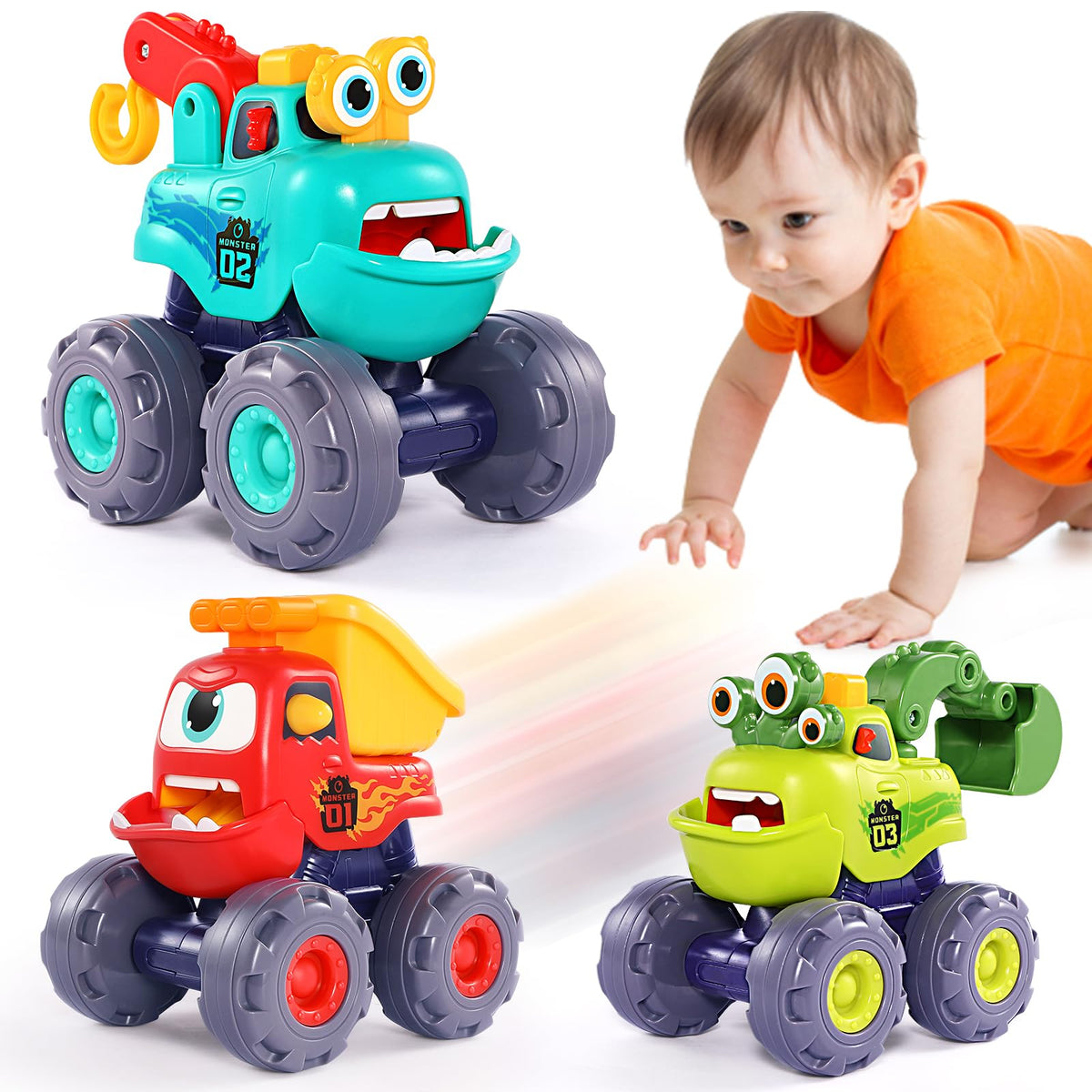 OCATO Monster Truck Toys for Toddlers 1-3 | Pull-Back Cars, Excavator, Dump Truck & Crane