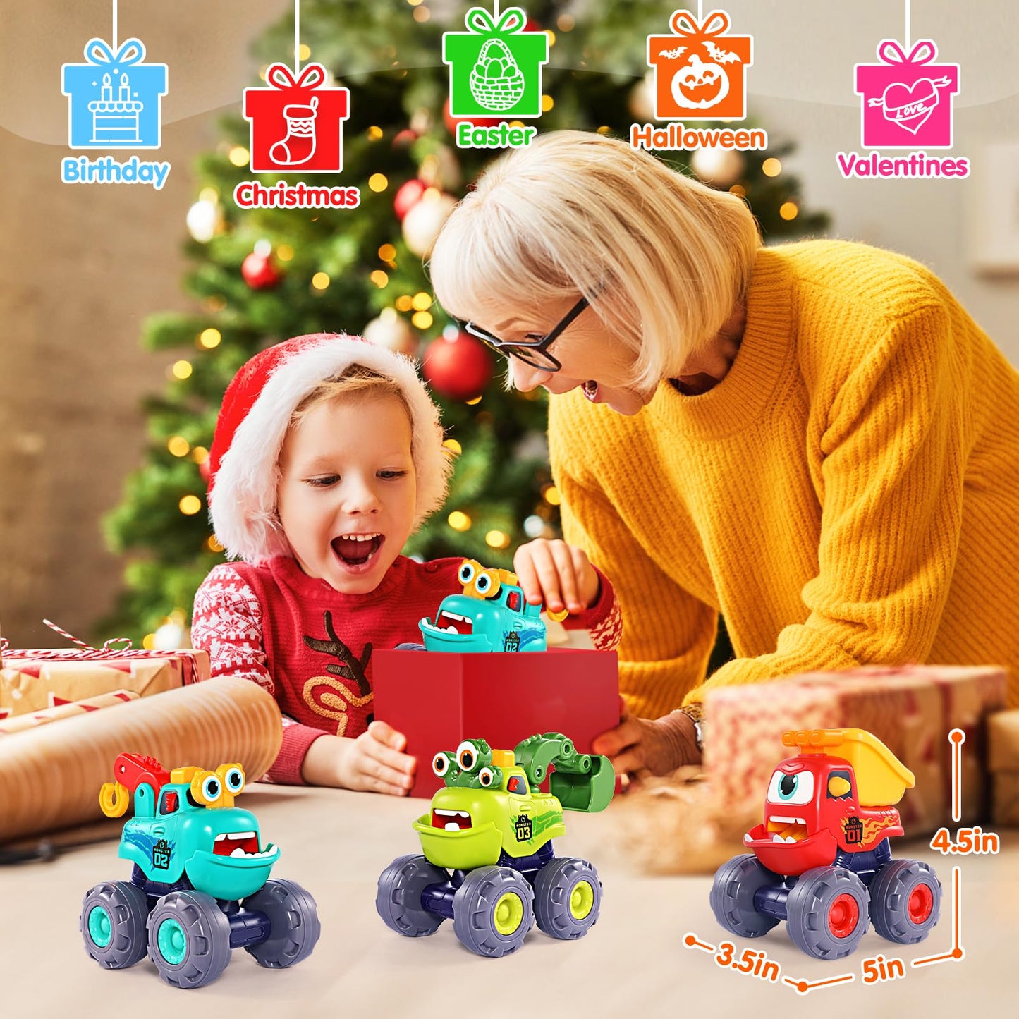 OCATO Monster Truck Toys for Toddlers 1-3 | Pull-Back Cars, Excavator, Dump Truck & Crane