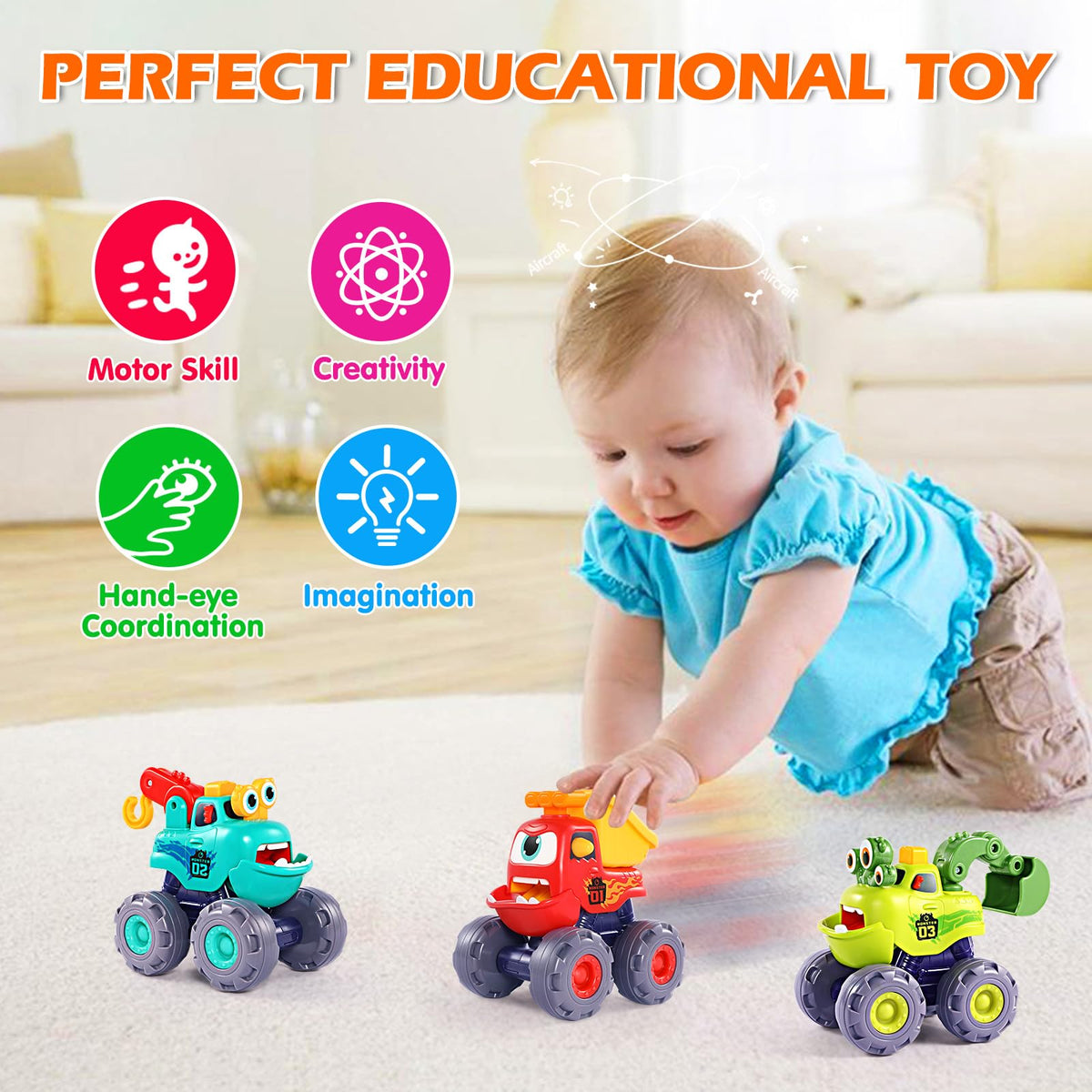 OCATO Monster Truck Toys for Toddlers 1-3 | Pull-Back Cars, Excavator, Dump Truck & Crane