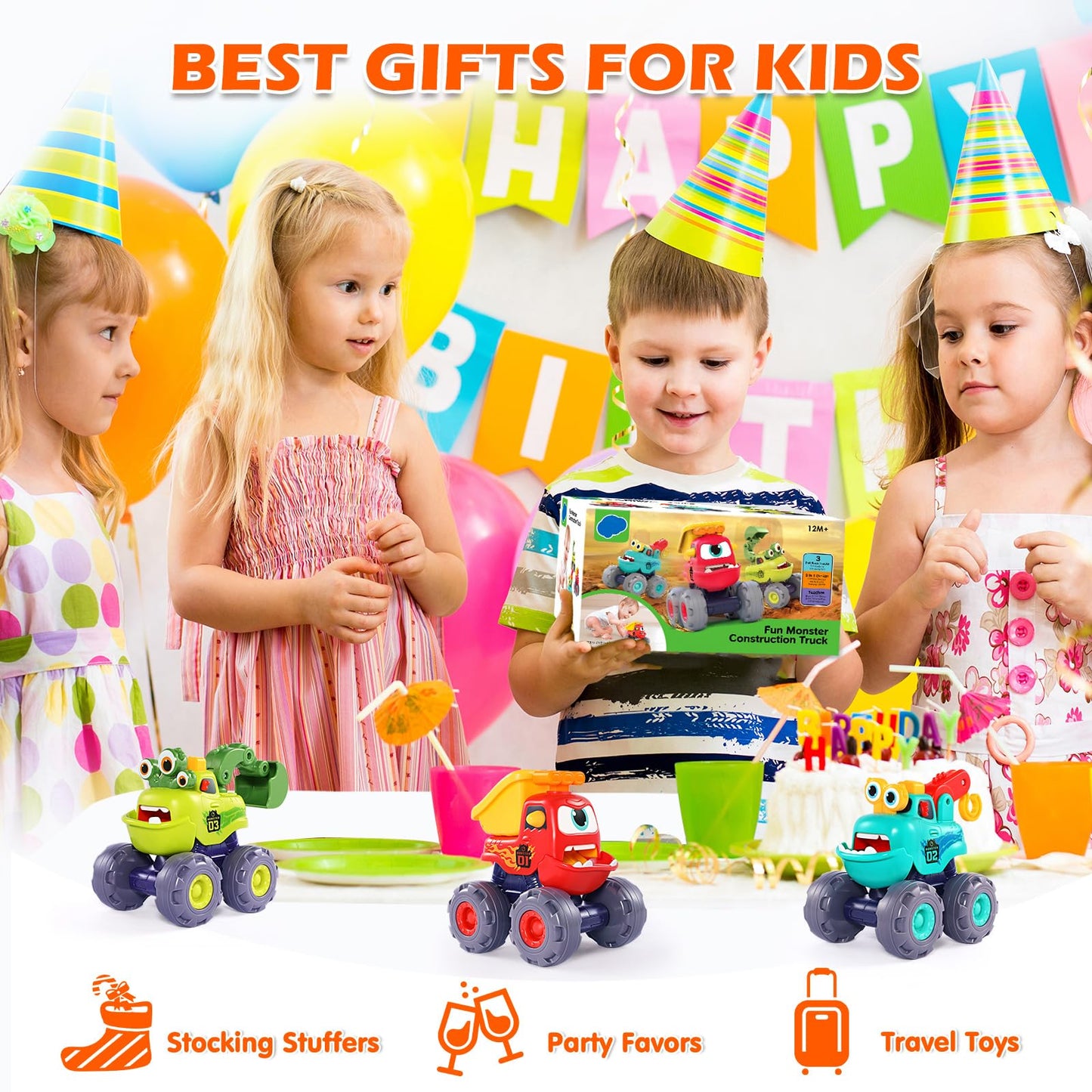 OCATO Monster Truck Toys for Toddlers 1-3 | Pull-Back Cars, Excavator, Dump Truck & Crane