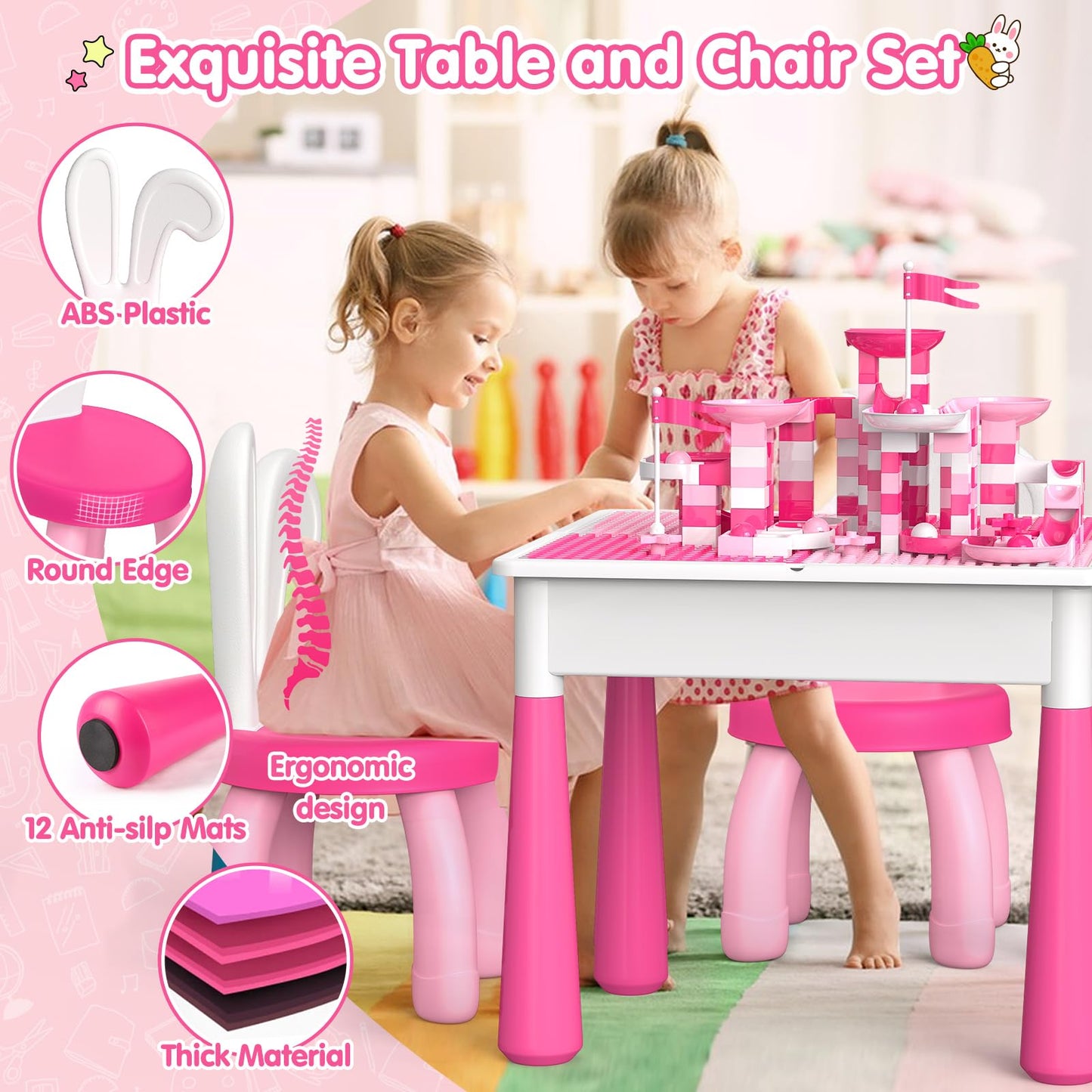 OCATO Kids Table and Chair Set – Water & Sand Table with 152 Blocks, 2 Rabbit Chairs, and Storage Bins