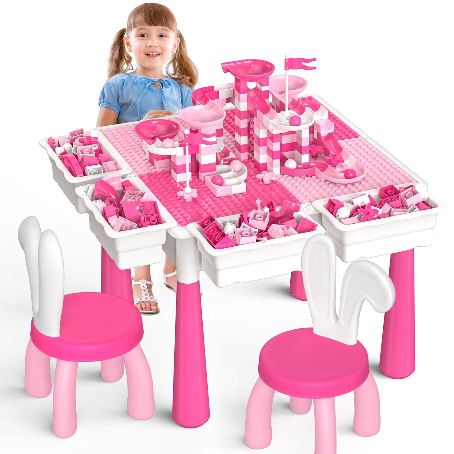 OCATO Kids Table and Chair Set – Water & Sand Table with 152 Blocks, 2 Rabbit Chairs, and Storage Bins