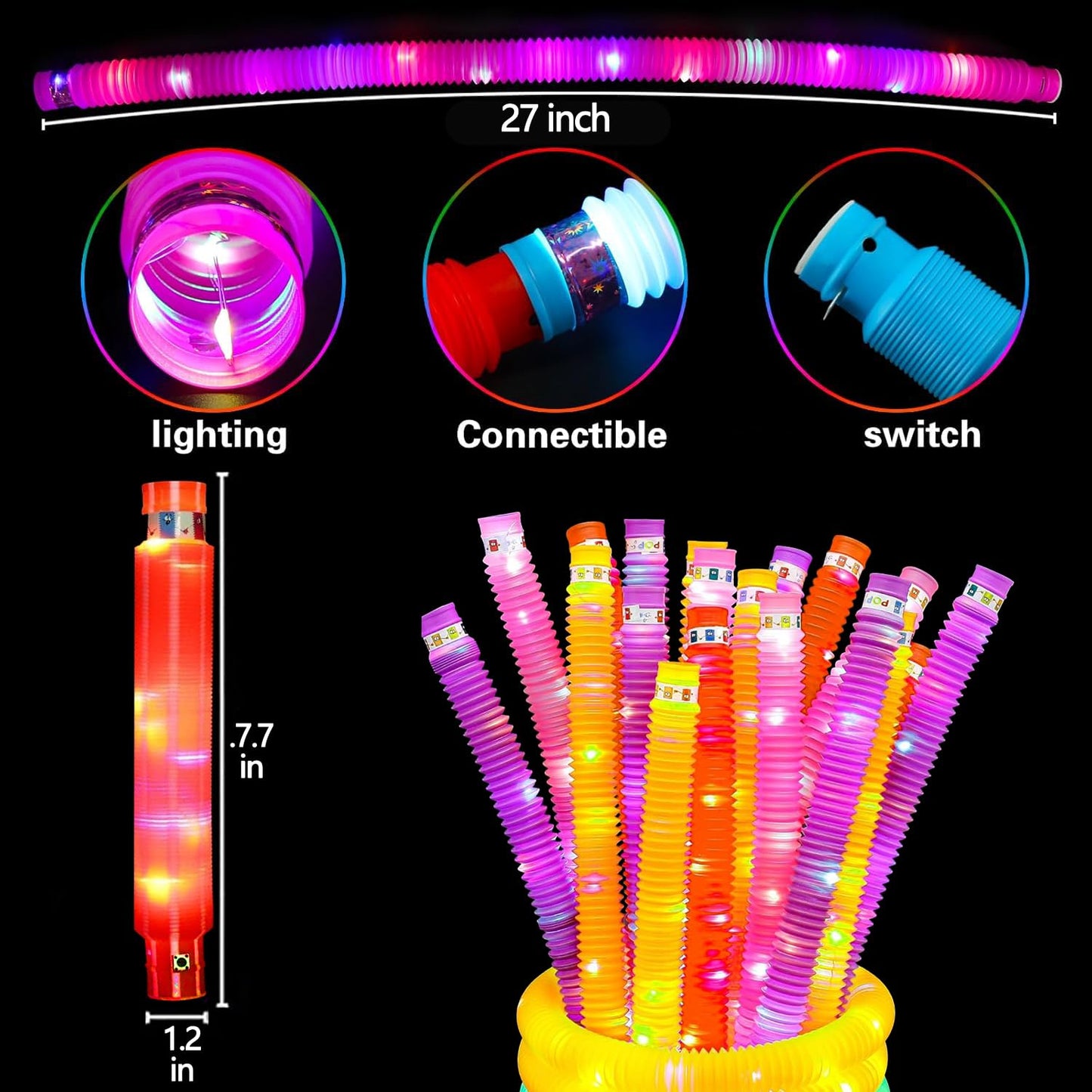 OceanWings 24PC Glow Pop Tube Set – Lights Up Fidget Toys for Kids & Adults