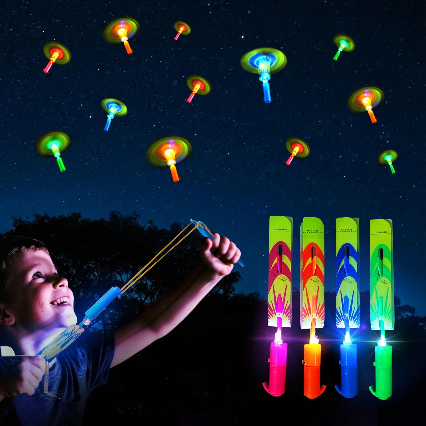 OceanWings LED Flying Set with Whistle – Glow Helicopters & Slingshot Rockets for Outdoor Fun