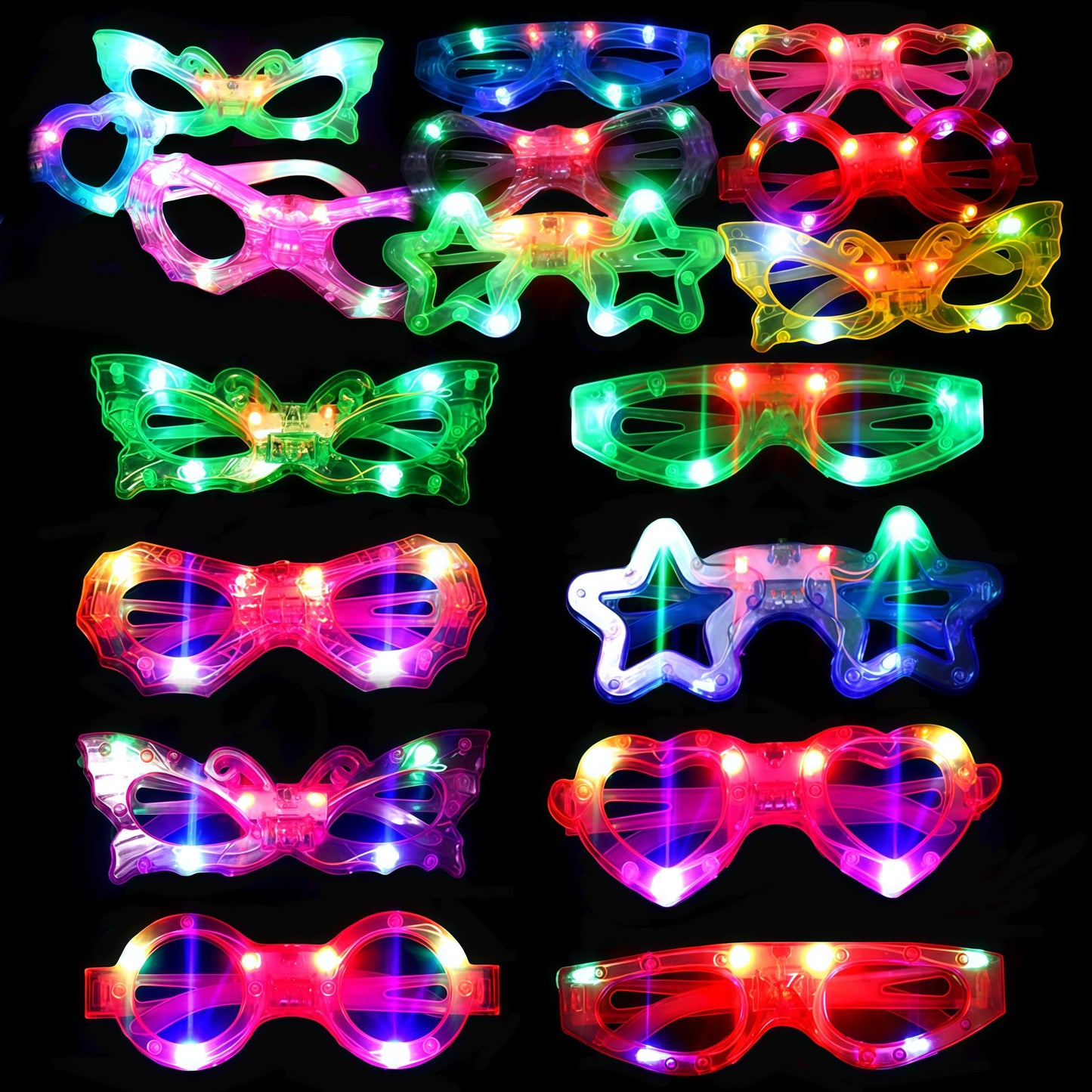 OceanWings 24 Packs LED Glasses for Kids – Glow in the Dark Party Favors, 6 Shapes, 3 Replaceable Batteries