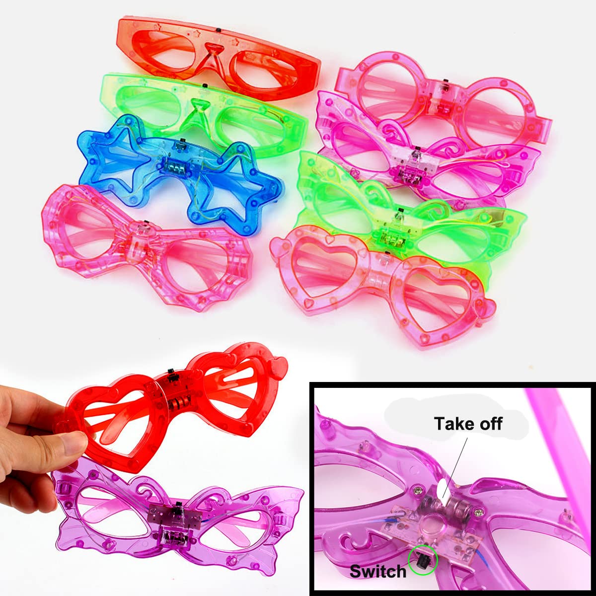 OceanWings 24 Packs LED Glasses for Kids – Glow in the Dark Party Favors, 6 Shapes, 3 Replaceable Batteries