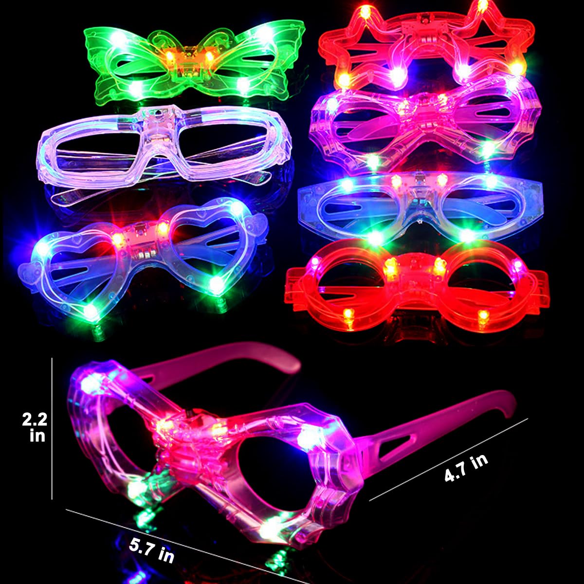 OceanWings 24 Packs LED Glasses for Kids – Glow in the Dark Party Favors, 6 Shapes, 3 Replaceable Batteries