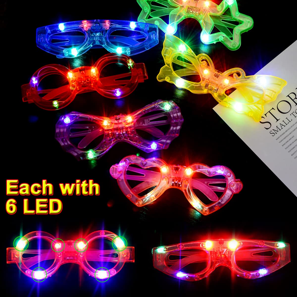 OceanWings 24 Packs LED Glasses for Kids – Glow in the Dark Party Favors, 6 Shapes, 3 Replaceable Batteries
