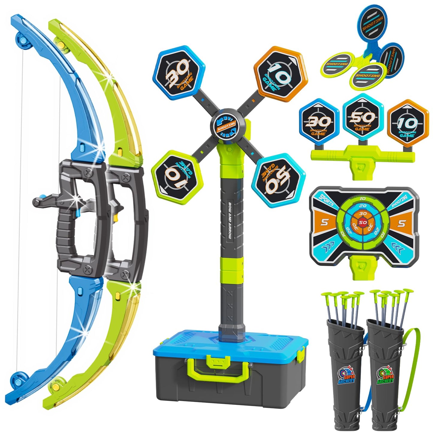OCHIDO 2 Pack Bow & Arrow for Kids – LED 3-in-1 Archery Set with 4 Targets