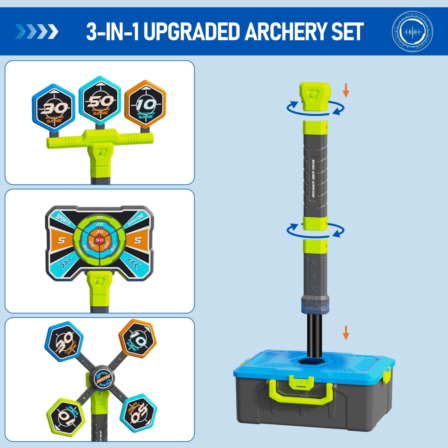 OCHIDO 2 Pack Bow & Arrow for Kids – LED 3-in-1 Archery Set with 4 Targets