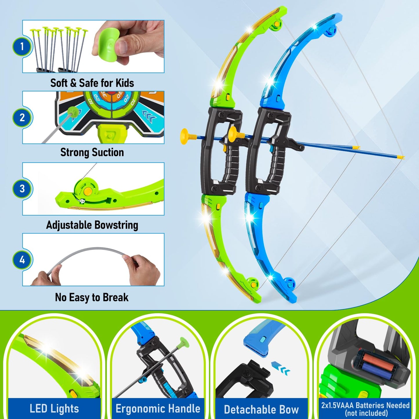 OCHIDO 2 Pack Bow & Arrow for Kids – LED 3-in-1 Archery Set with 4 Targets