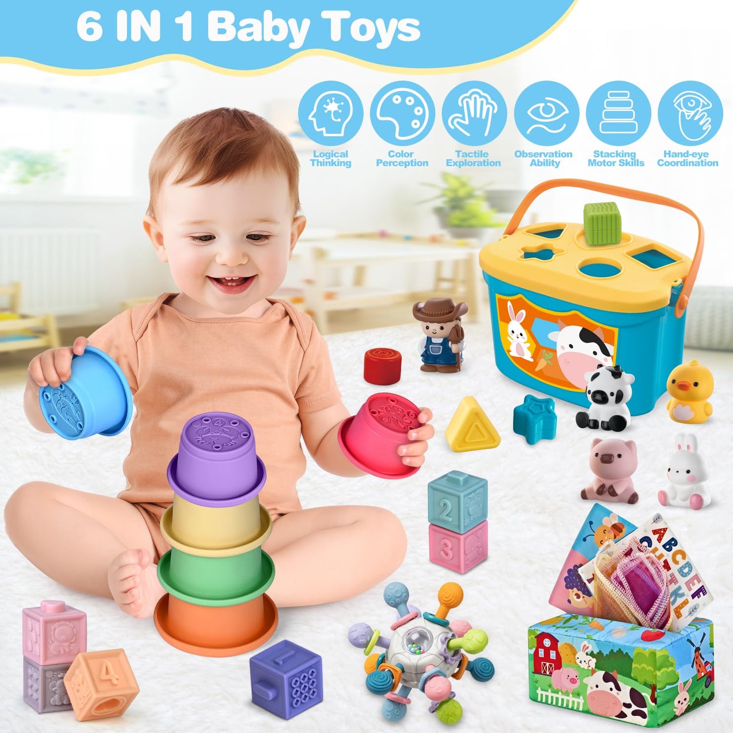 OCHIDO 6-in-1 Montessori Baby Toys for 6–12 Months – Teething, Stacking & Sensory Play
