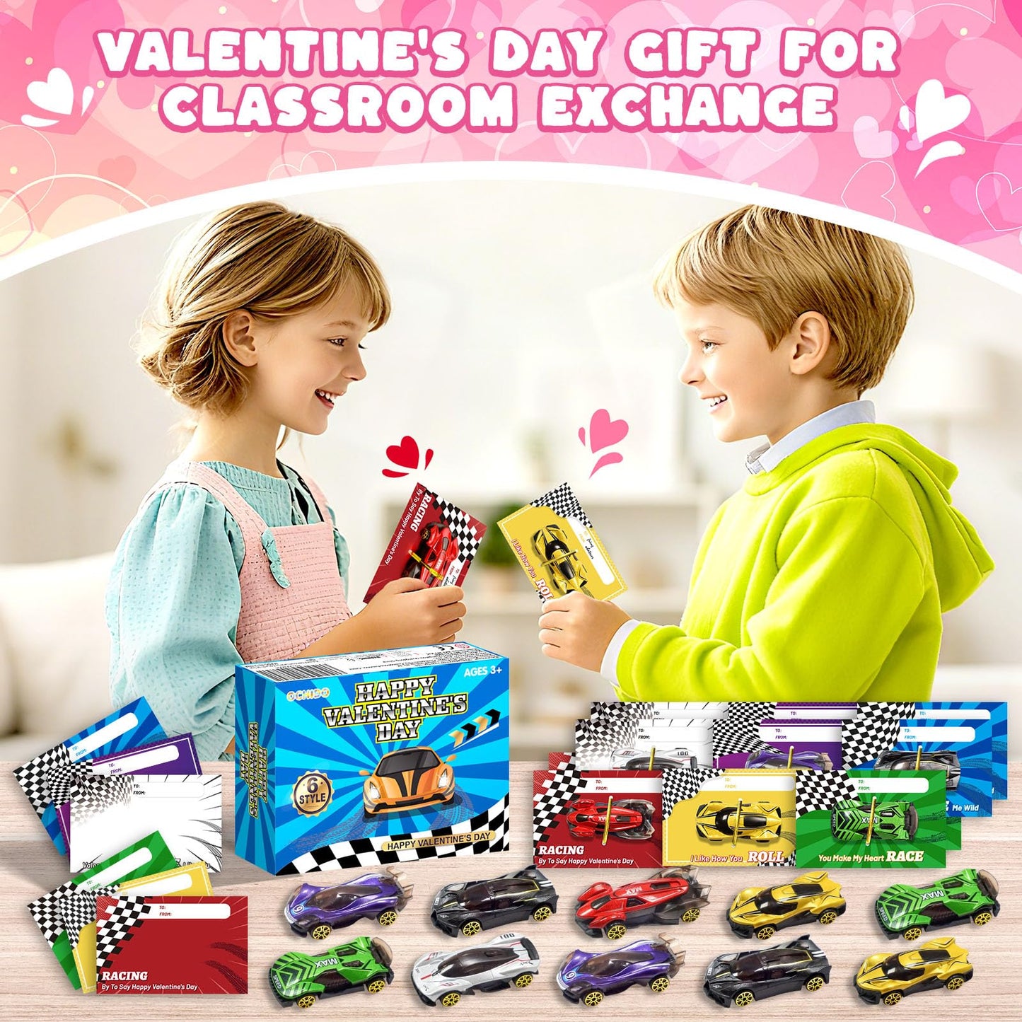 OCHIDO Valentines Day Cards with Die-Cast Racing Cars — 24 Pack for Kids