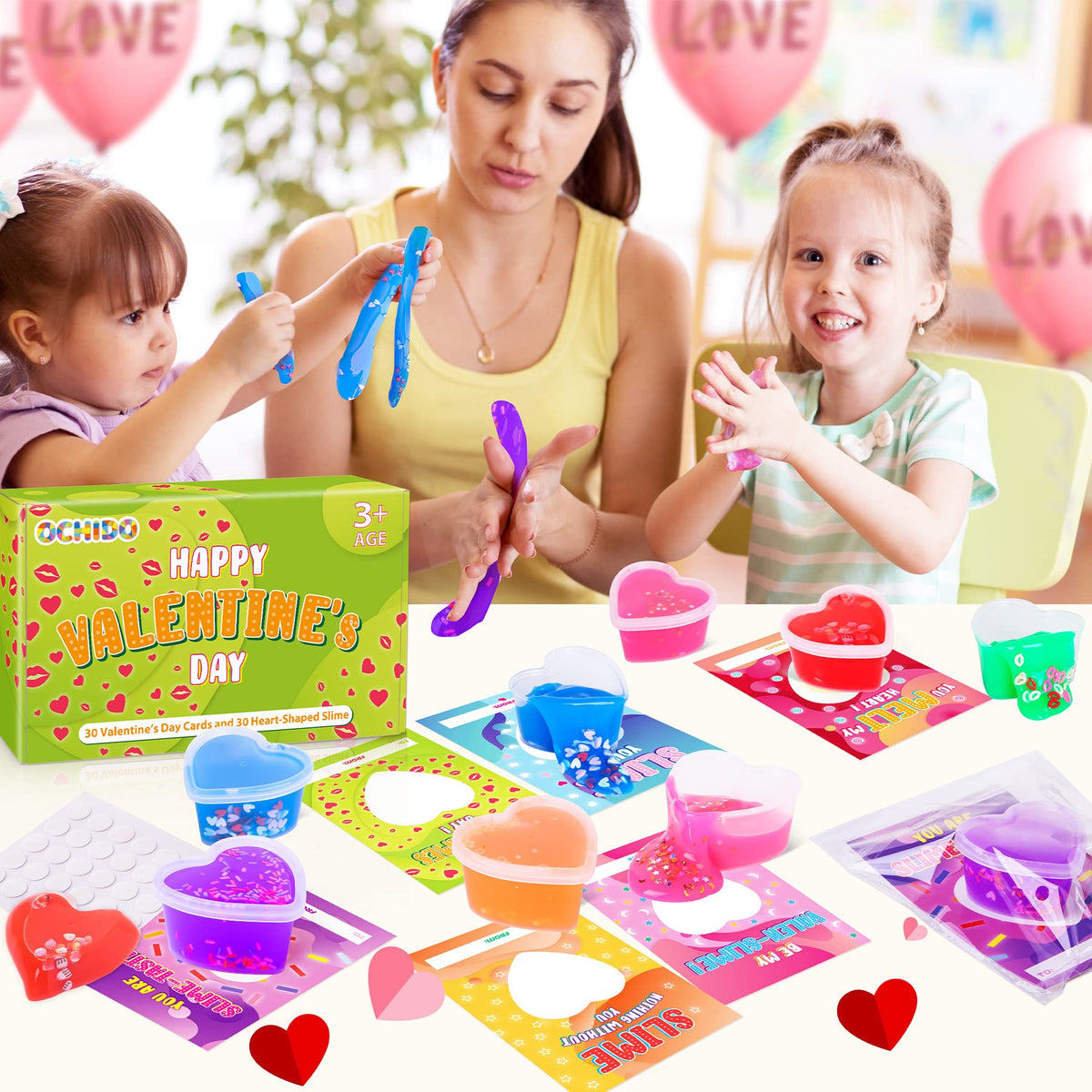 OCHIDO Valentines Day Cards for Kids – 30 Heart-Shaped Slime Set with Greeting Cards