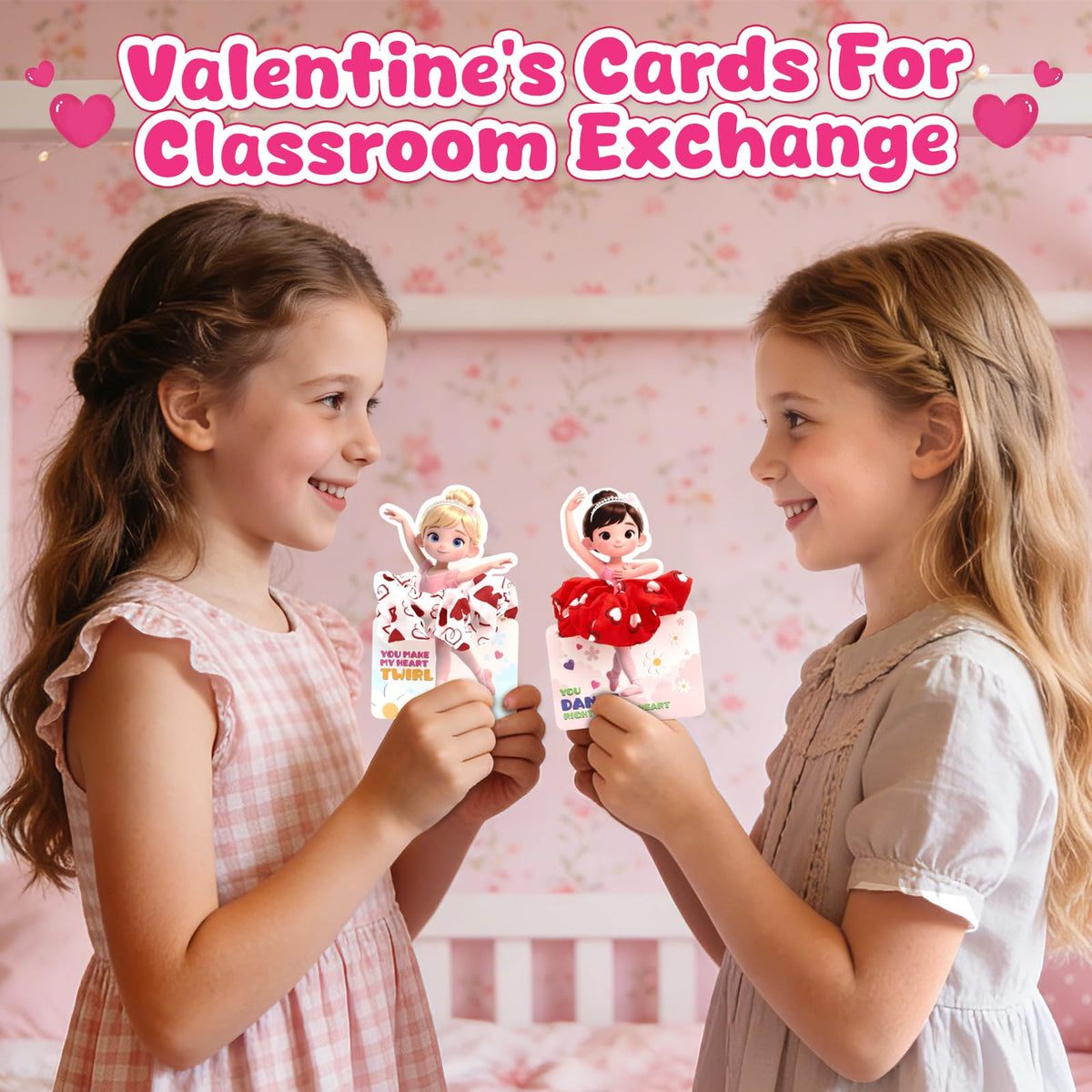OCHIDO 24 Pack Valentines Day Gifts for Kids — Ballet Cards & Hair Scrunchies for Class Exchanges