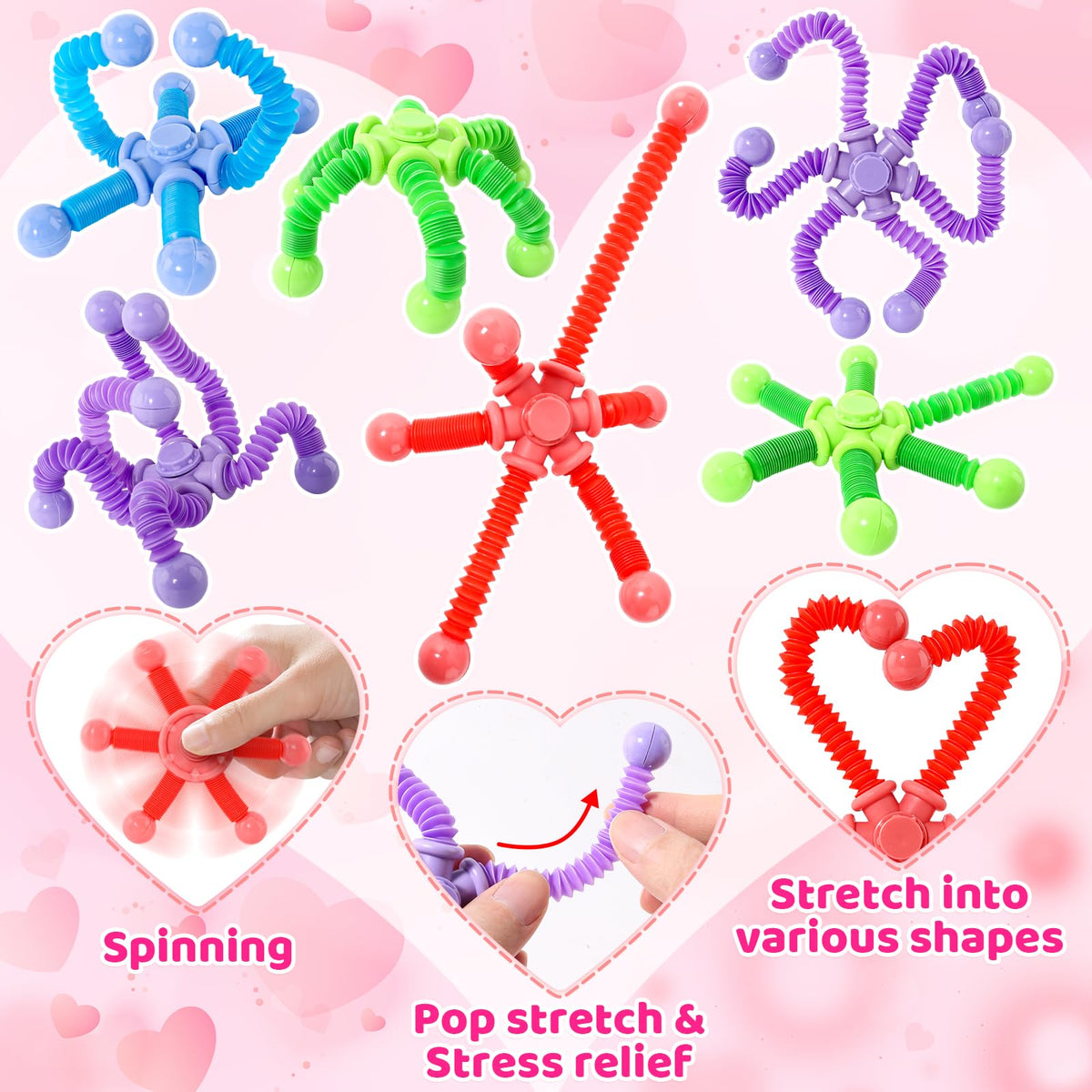 OCHIDO 24-Pack Valentines Cards with Pop Tubes Fidget Spinner – Classroom Gifts for Kids