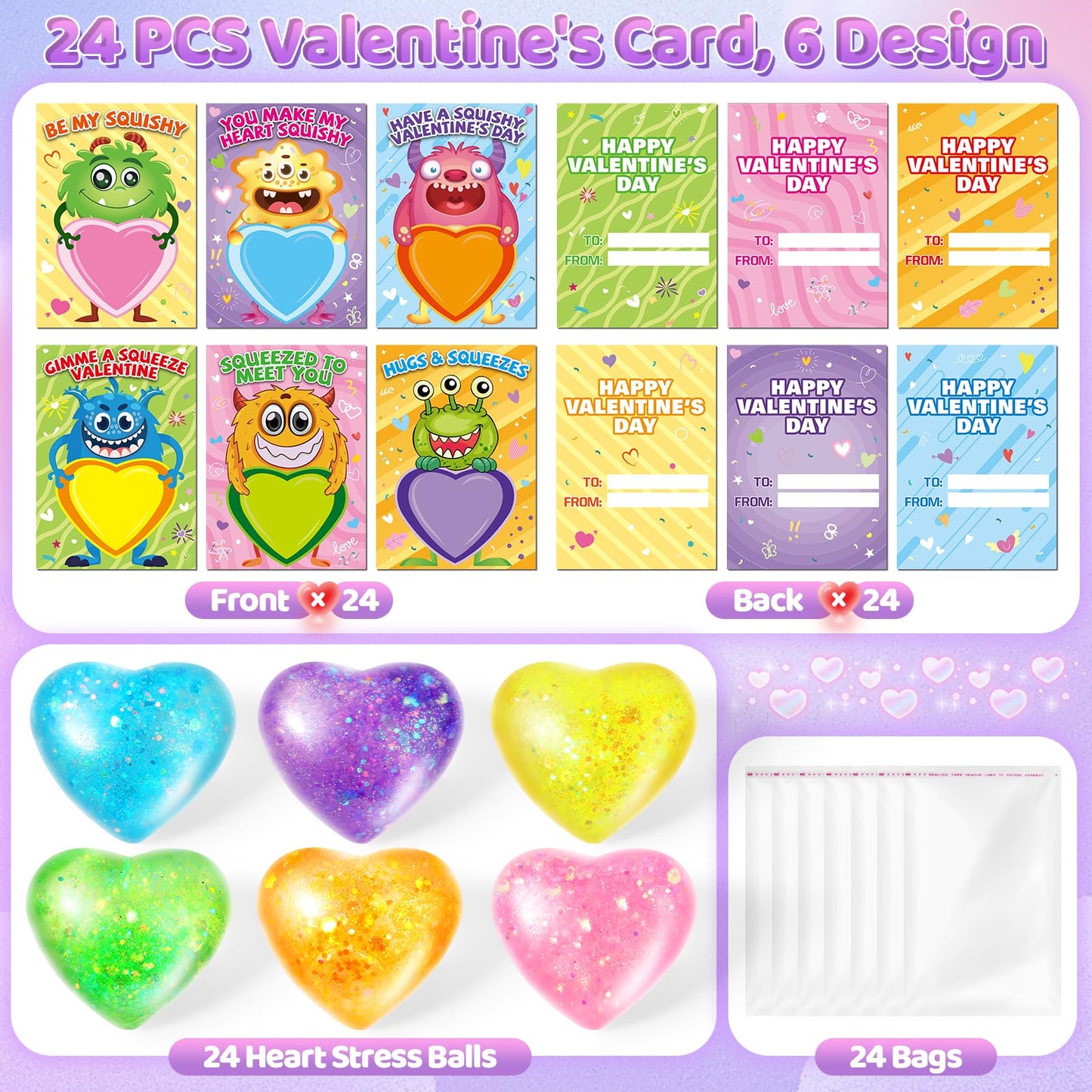 OCHIDO Kids Valentine Cards with Heart Shape Squeeze Toys — 24 Pack