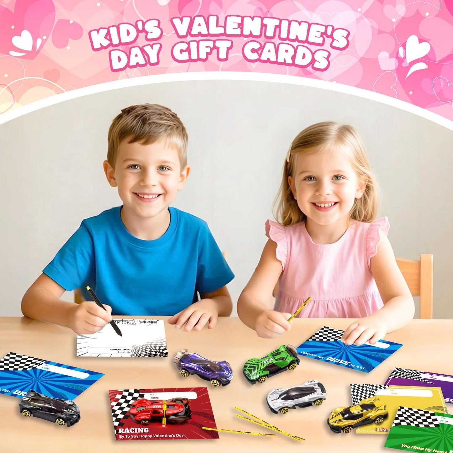 OCHIDO Valentines Day Cards with Die-Cast Racing Cars — 24 Pack for Kids