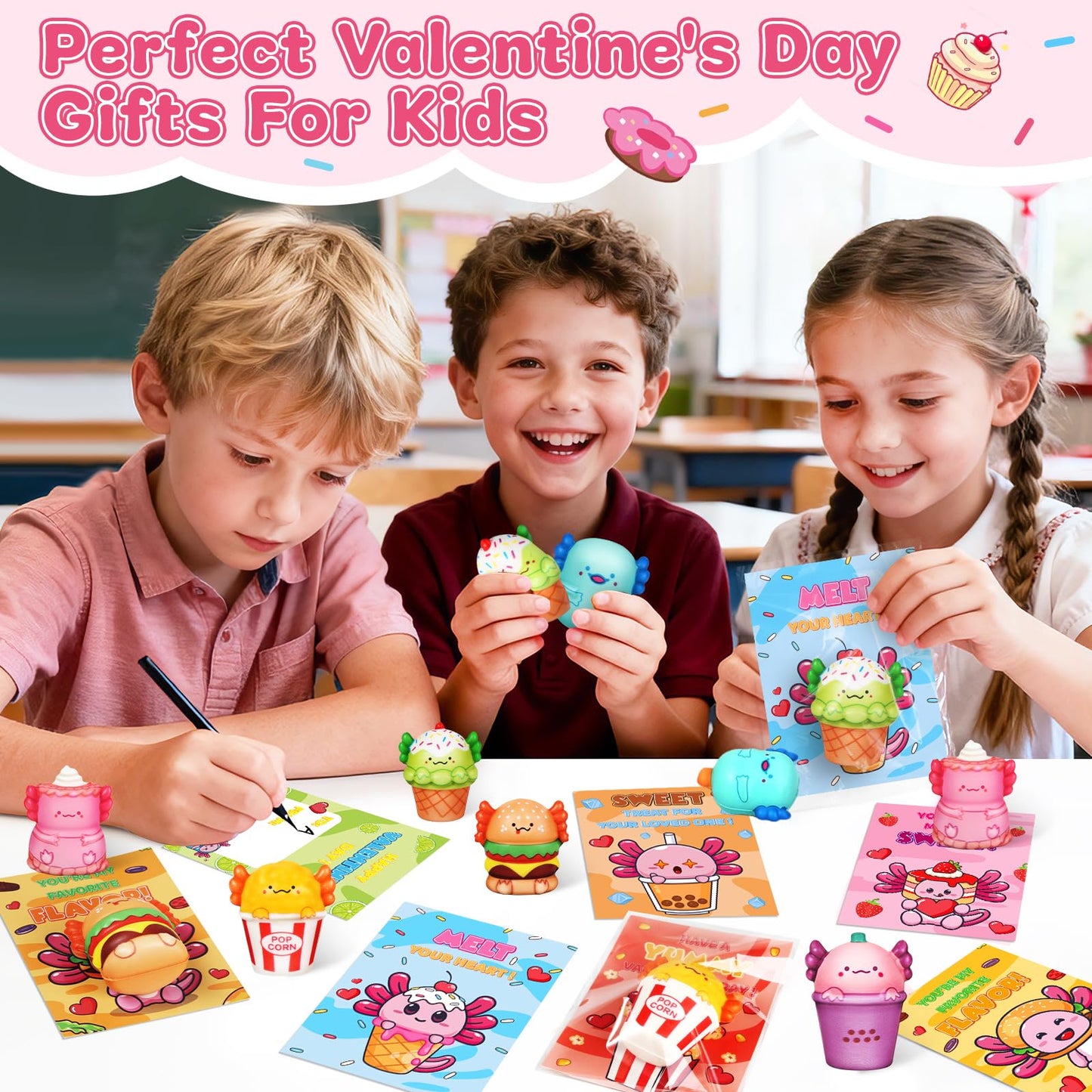 OCHIDO 24 Pack Valentines Cards with Axolotl Squeeze Toys – Classroom Gift Set