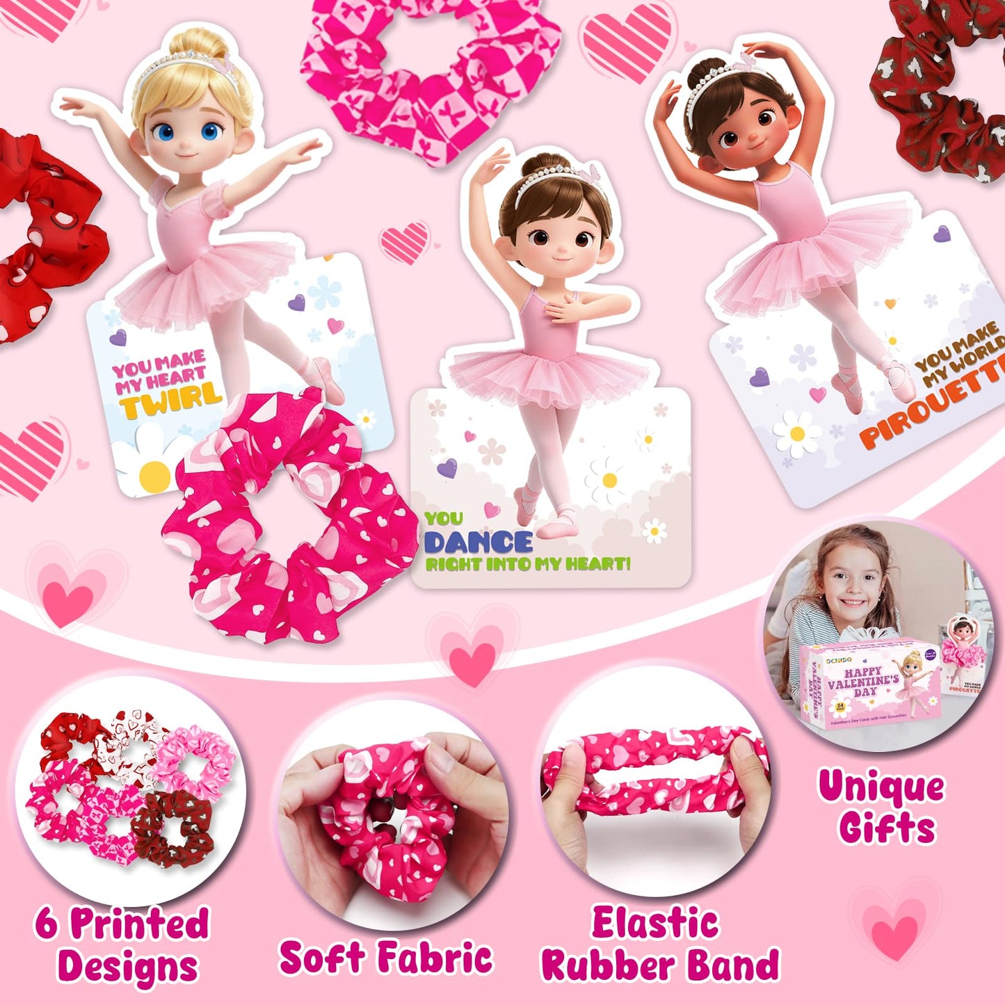 OCHIDO 24 Pack Valentines Day Gifts for Kids — Ballet Cards & Hair Scrunchies for Class Exchanges