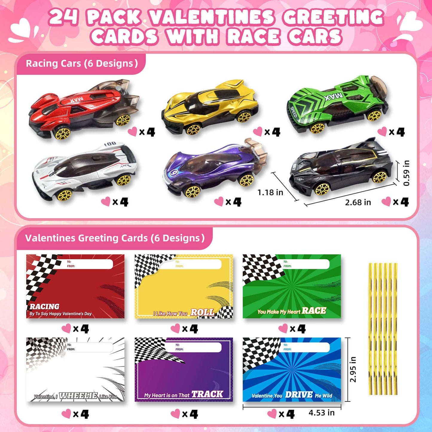 OCHIDO Valentines Day Cards with Die-Cast Racing Cars — 24 Pack for Kids