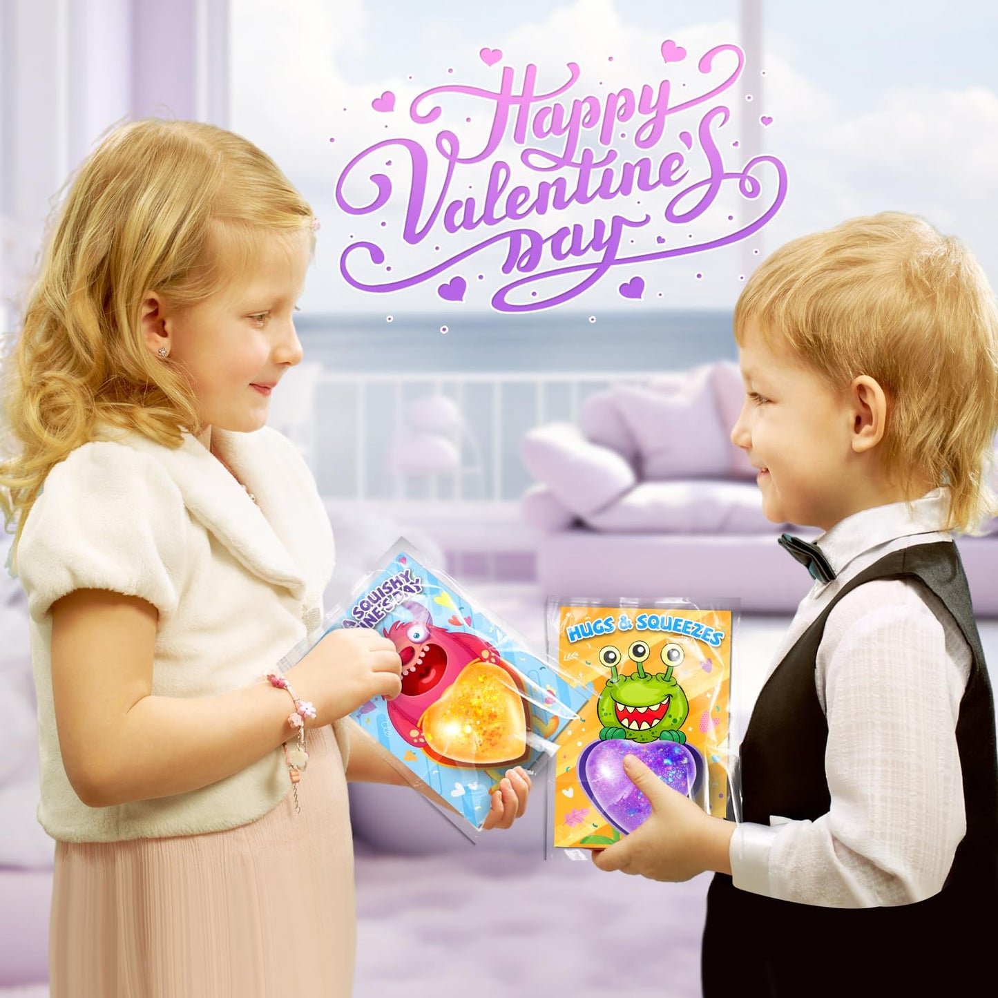 OCHIDO Kids Valentine Cards with Heart Shape Squeeze Toys — 24 Pack