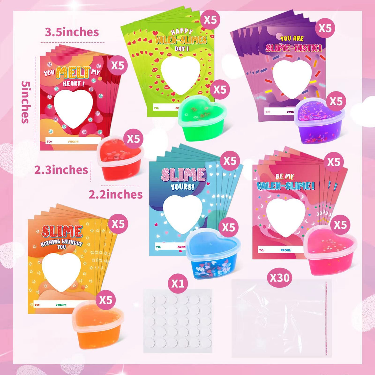 OCHIDO Valentines Day Cards for Kids – 30 Heart-Shaped Slime Set with Greeting Cards