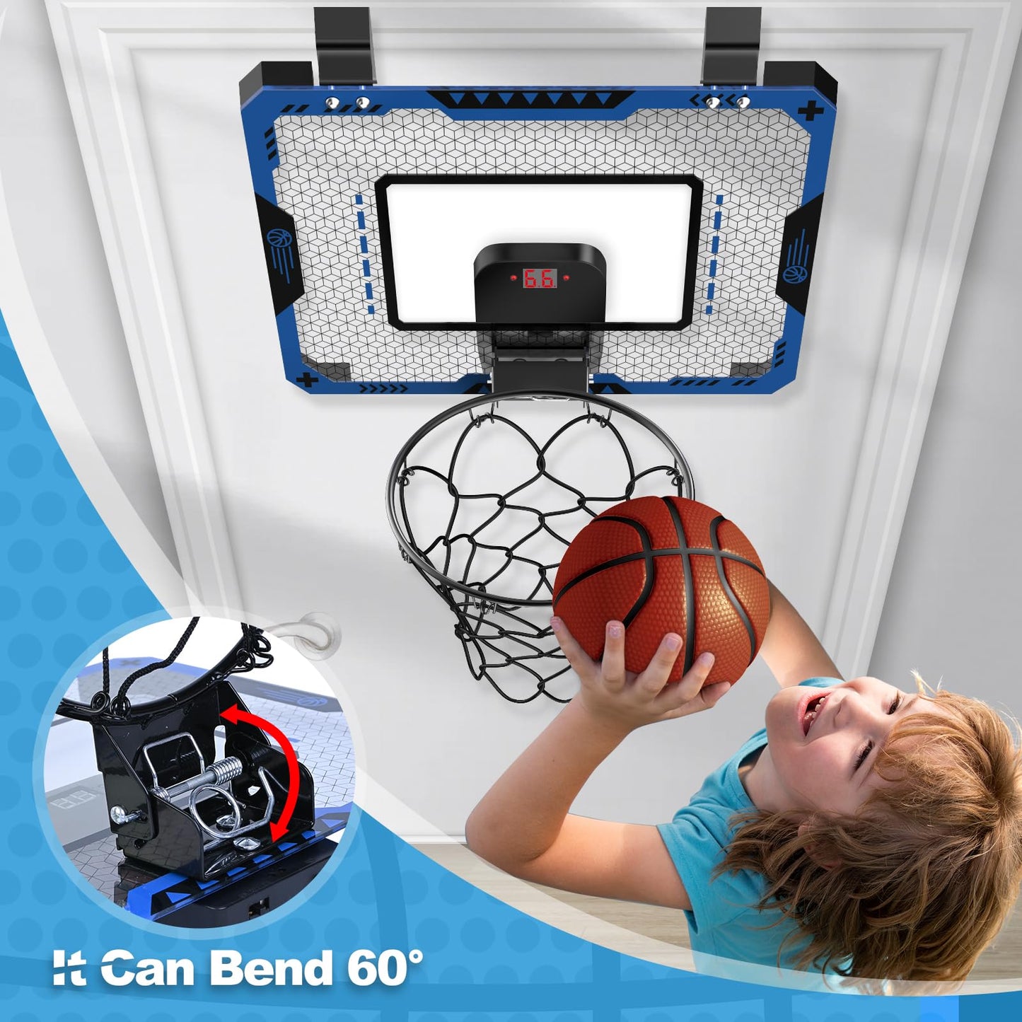 OCHIDO Indoor Basketball Hoop for Kids 5-10 | Electronic Scoreboard & 3 Balls - Over-The-Door Mini Hoop