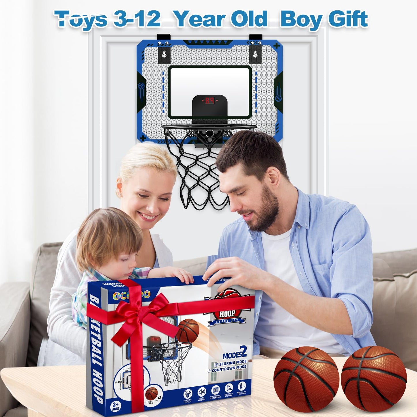 OCHIDO Indoor Basketball Hoop for Kids 5-10 | Electronic Scoreboard & 3 Balls - Over-The-Door Mini Hoop