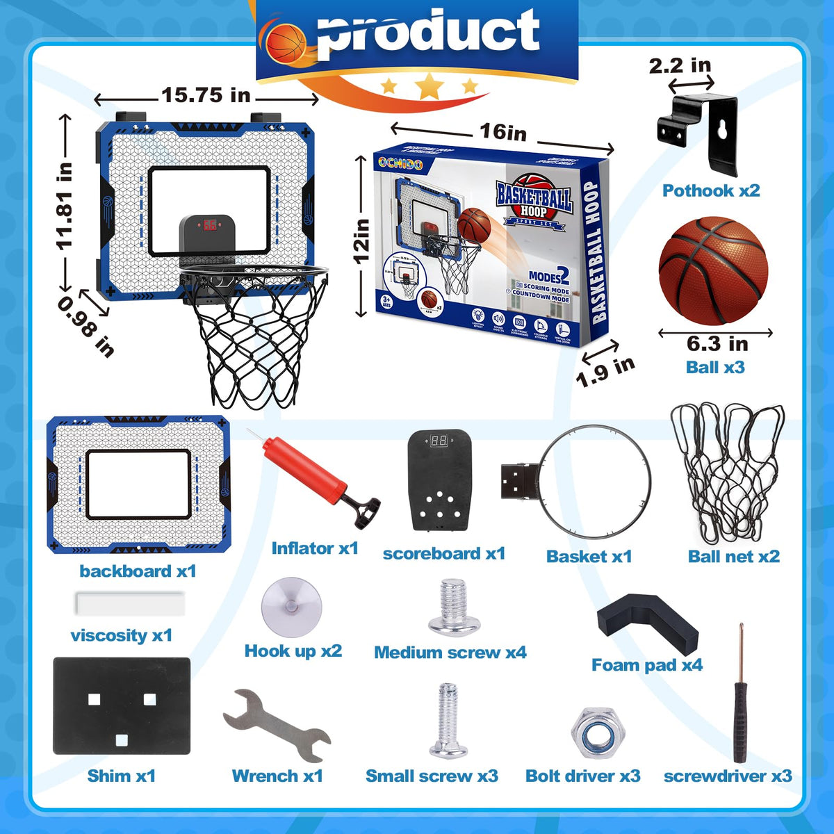 OCHIDO Indoor Basketball Hoop for Kids 5-10 | Electronic Scoreboard & 3 Balls - Over-The-Door Mini Hoop